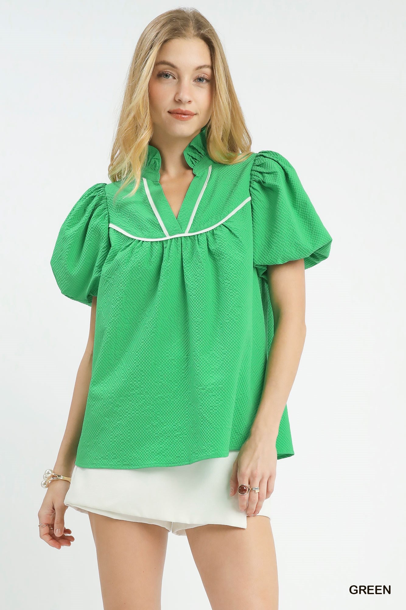 Umgee Textured Puff Sleeve Top With Contrast Binding In Green