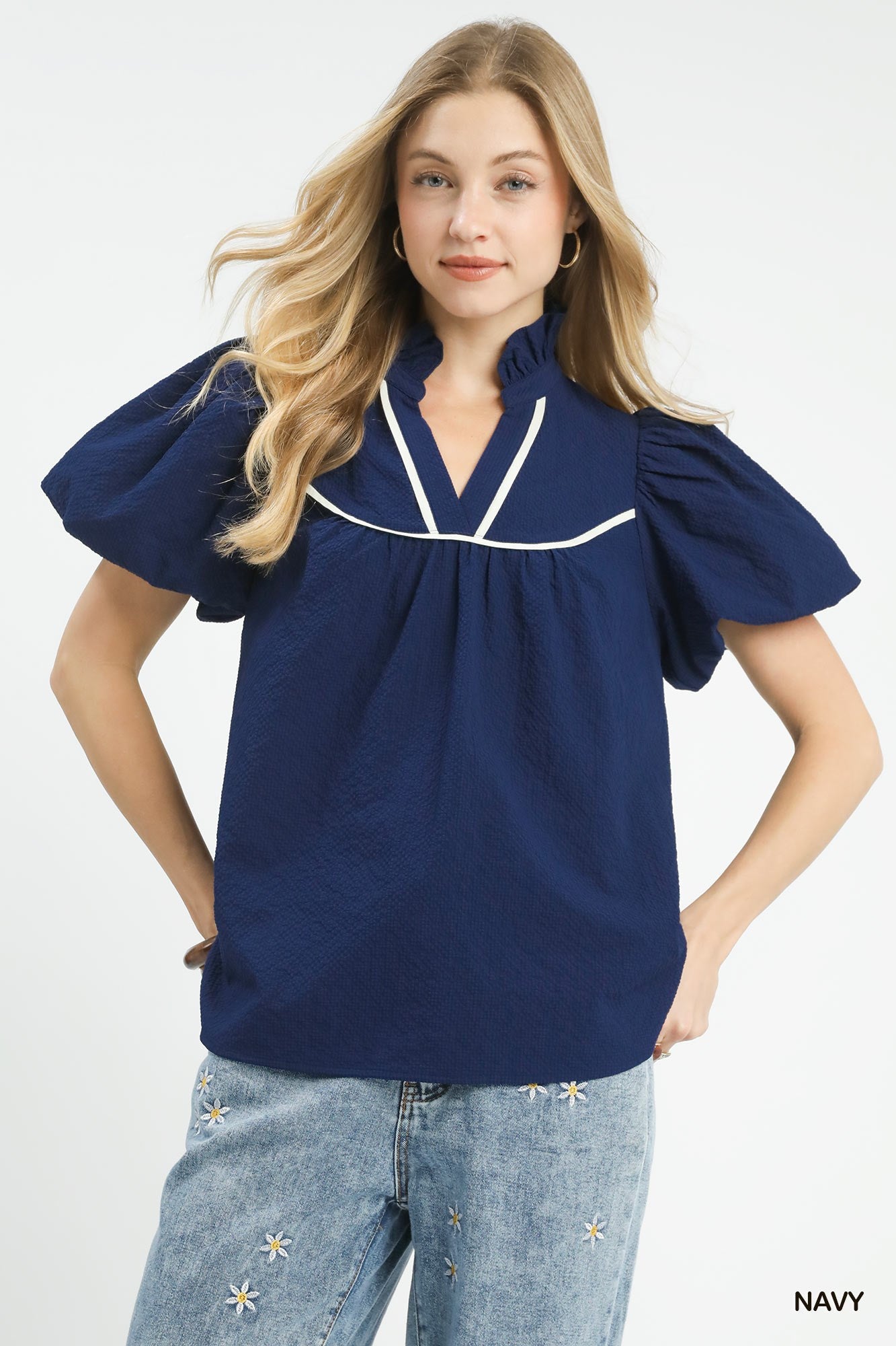 Umgee Textured Puff Sleeve Top With Contrast Binding In Navy