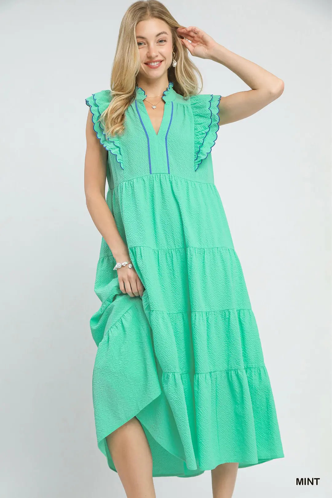 UMGEE Seersucker Ruffle Sleeve Midi Dress In Mint