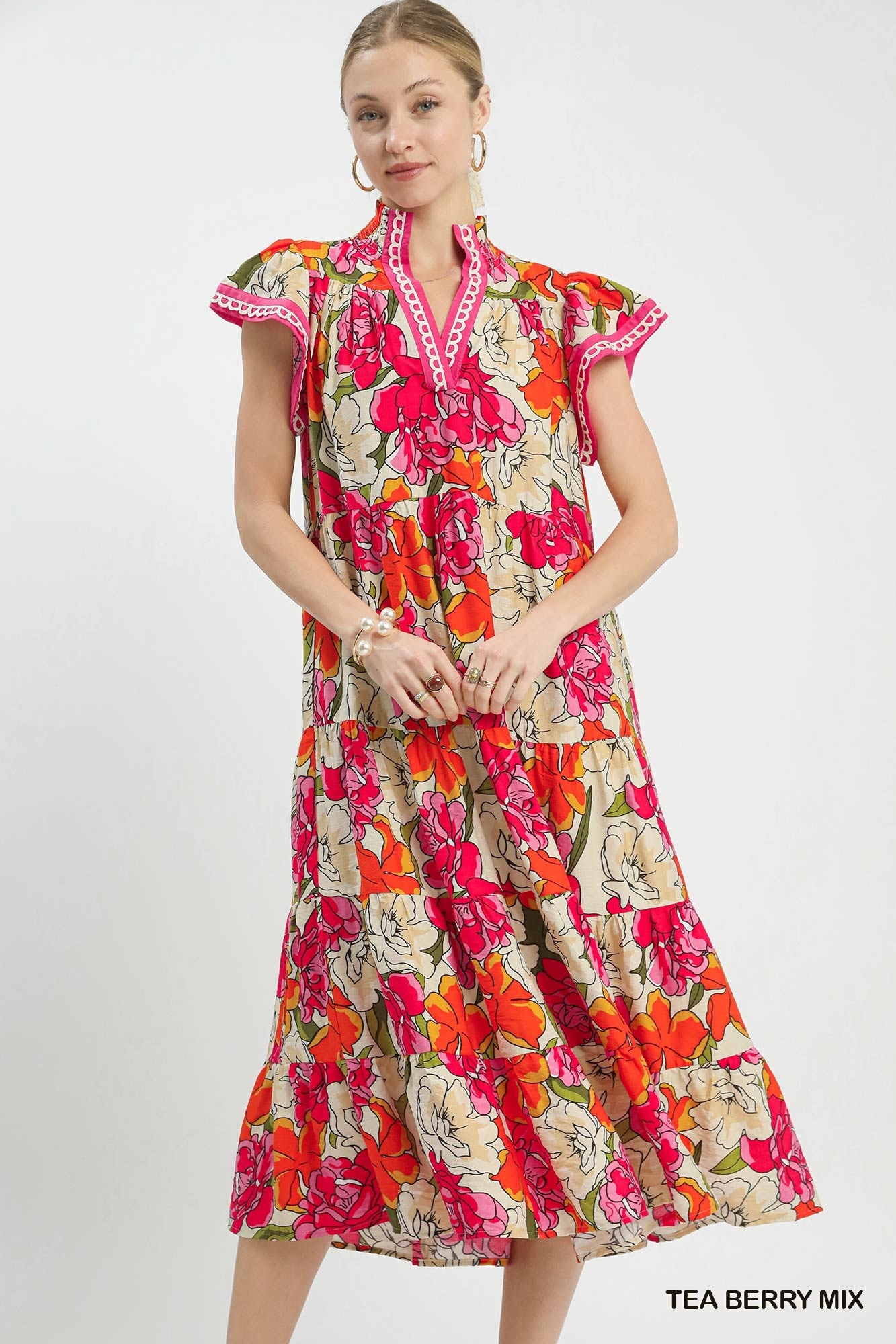 Umgee Mix Bold Floral Tiered Midi Dress In Tea Berry Mix *COMING SOON*