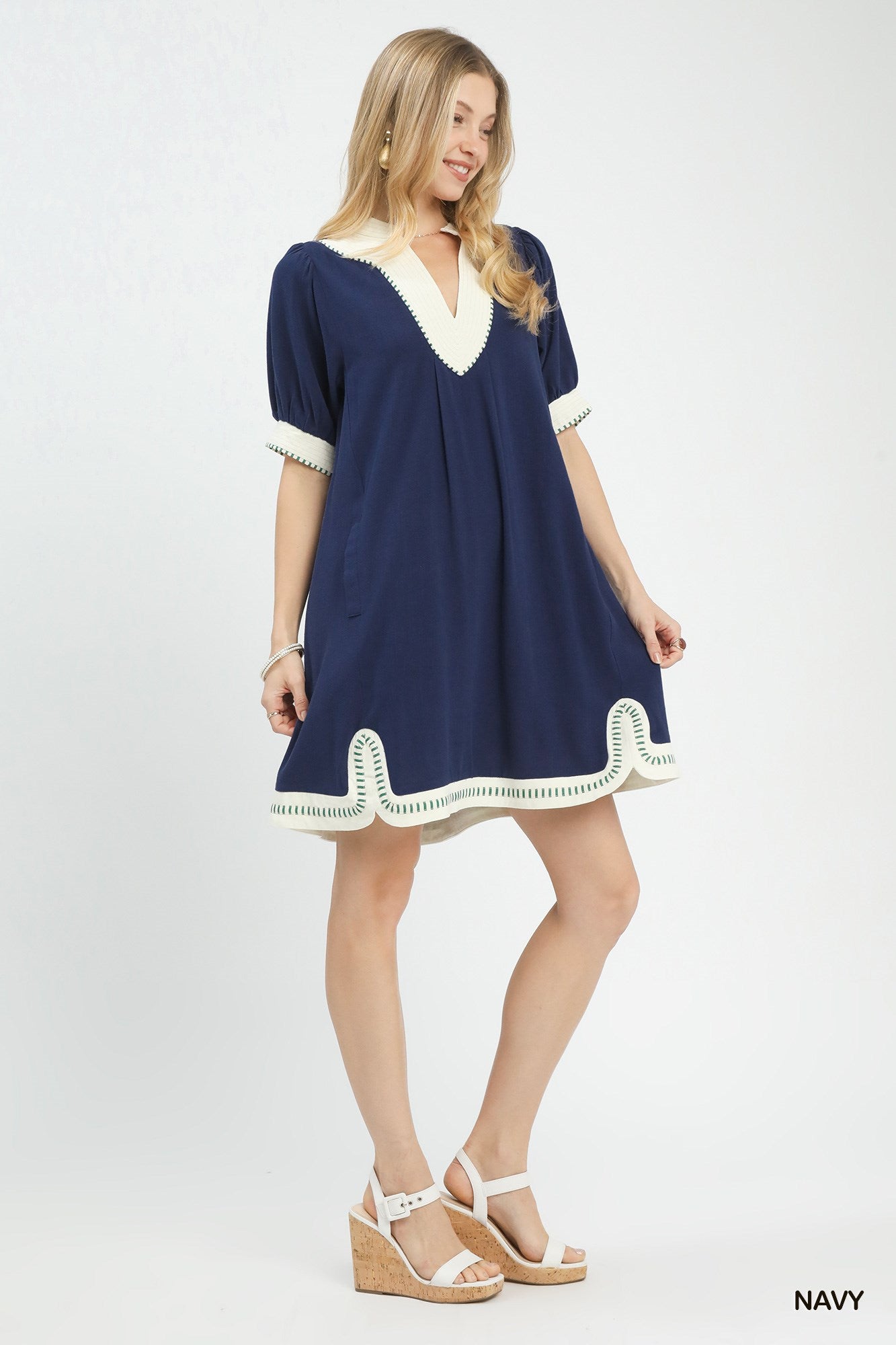 Umgee Linen Contrast Trim Mini Dress In Navy