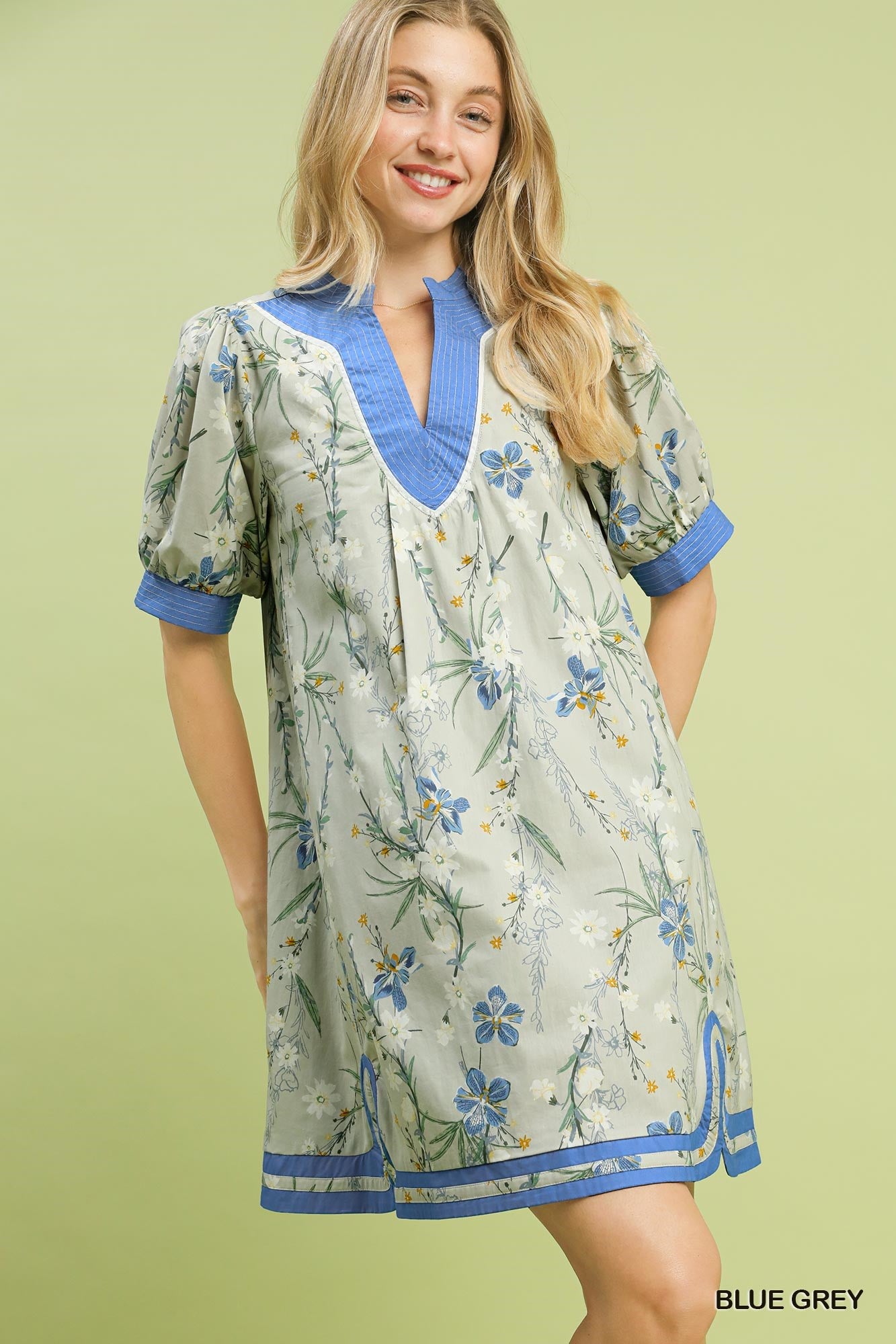 Umgee Floral Puff Sleeve Dress With Contrast Trim In Blue Grey