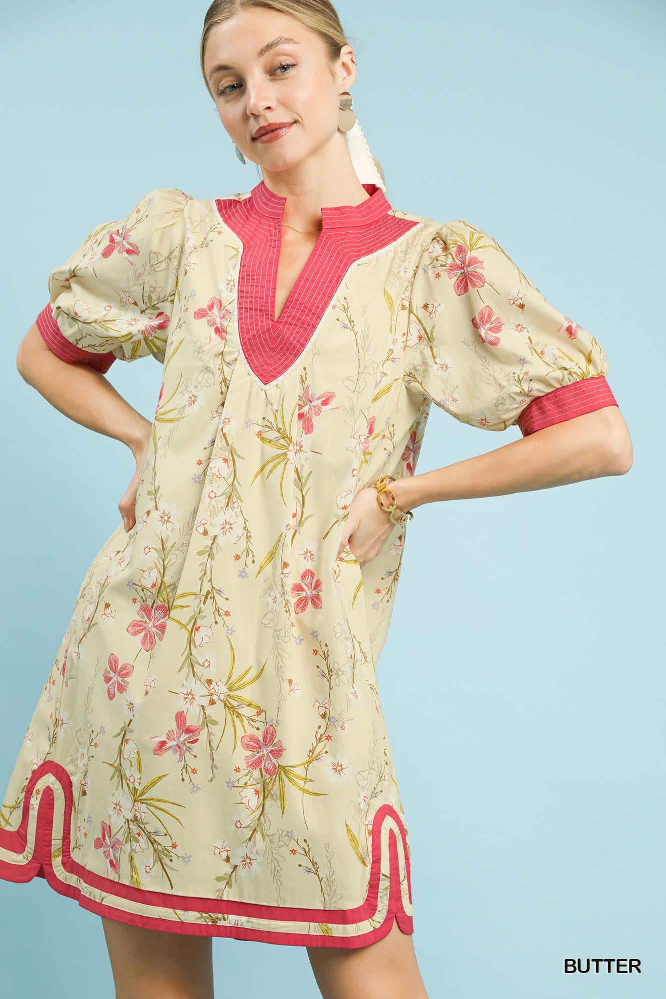 Umgee Floral Puff Sleeve Dress With Contrast Trim In Butter