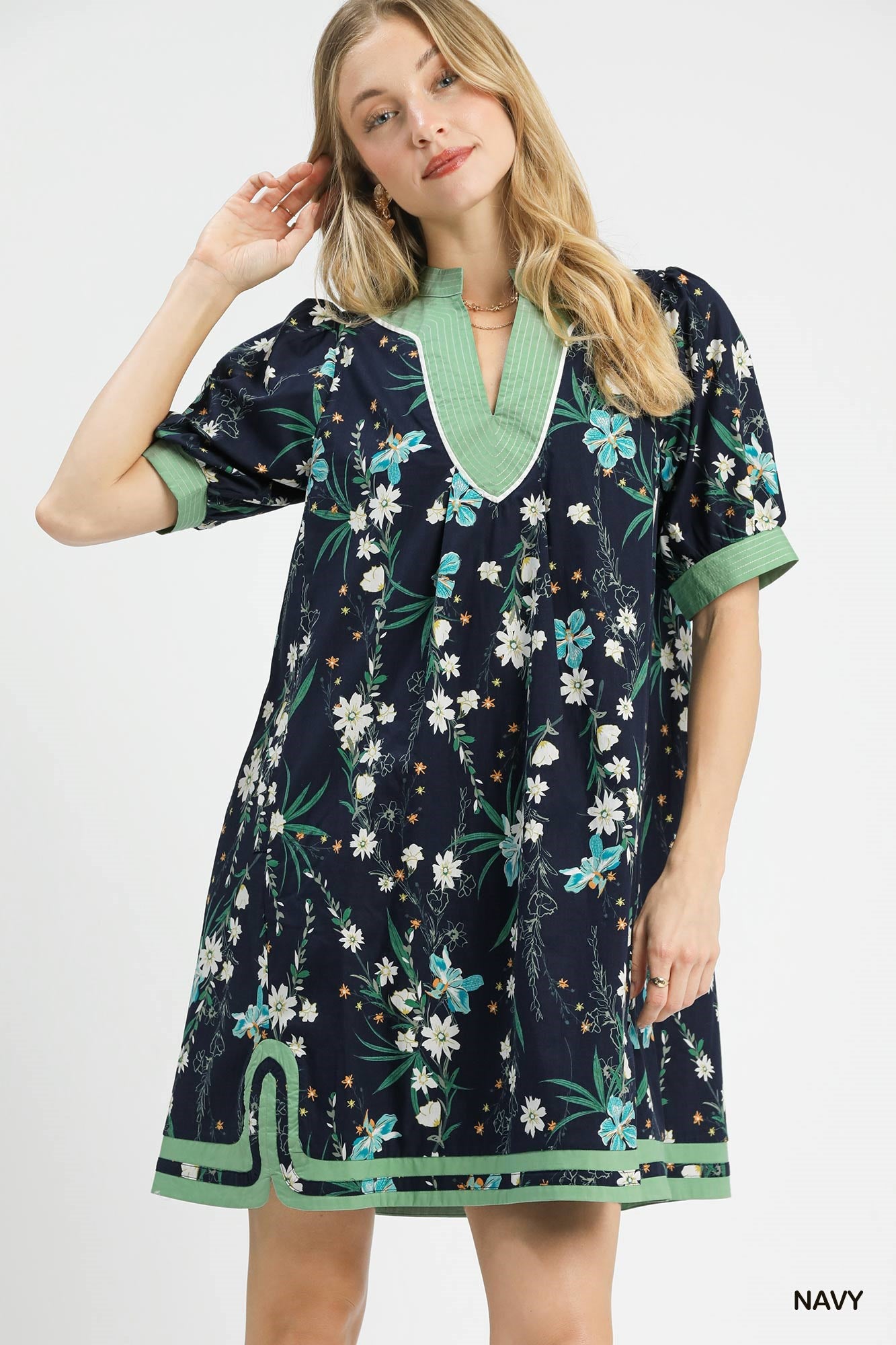Umgee Floral Puff Sleeve Dress With Contrast Trim In Navy