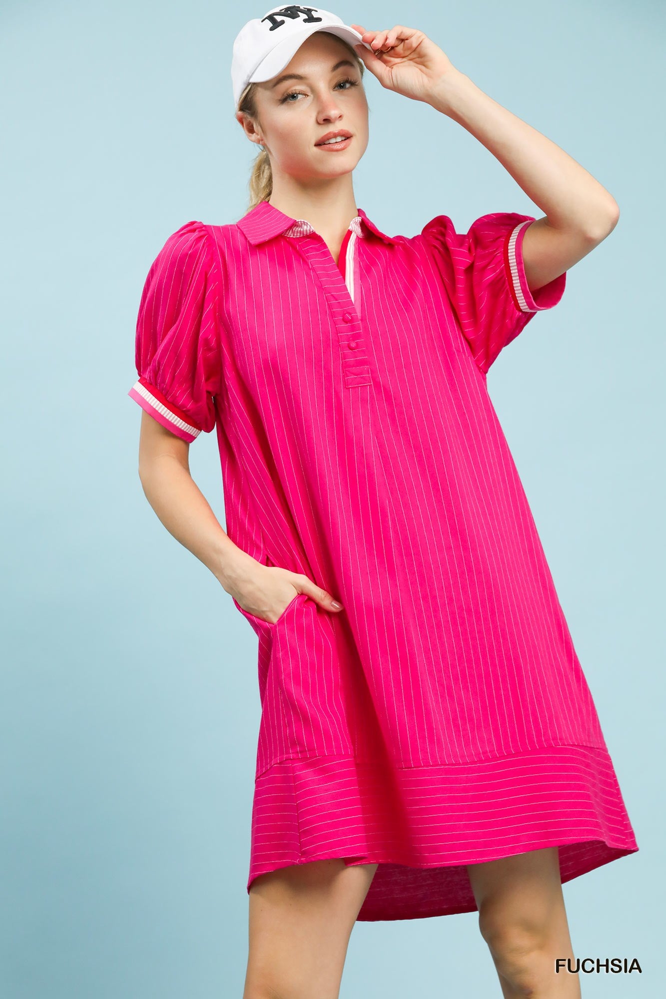 Umgee Linen Striped Polo Dress In Fuchsia
