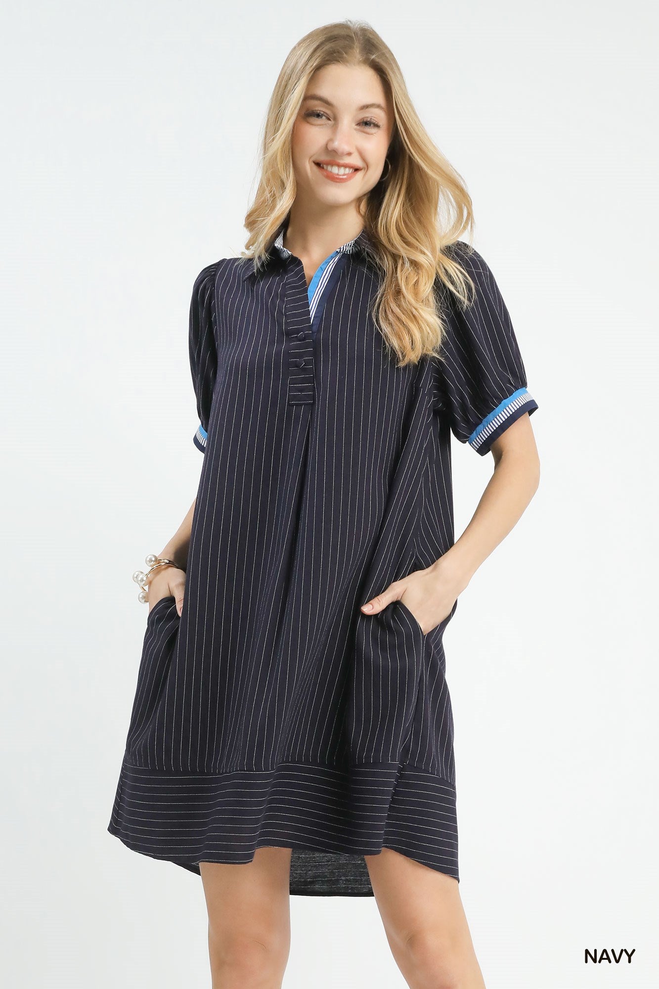 Umgee Linen Striped Polo Dress In Navy