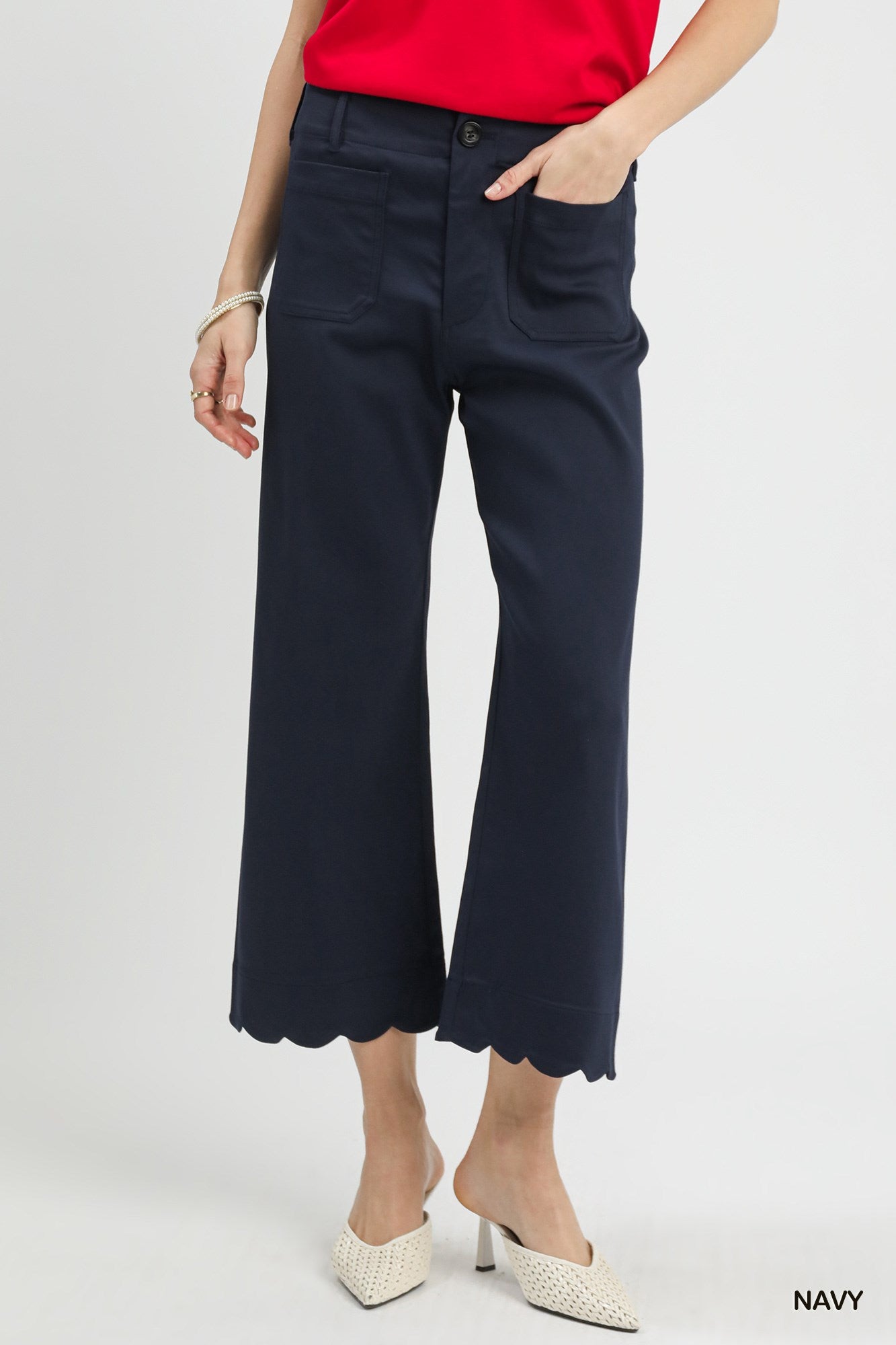Umgee Scallop Hem Wide Leg Pants In Navy *COMING SOON*