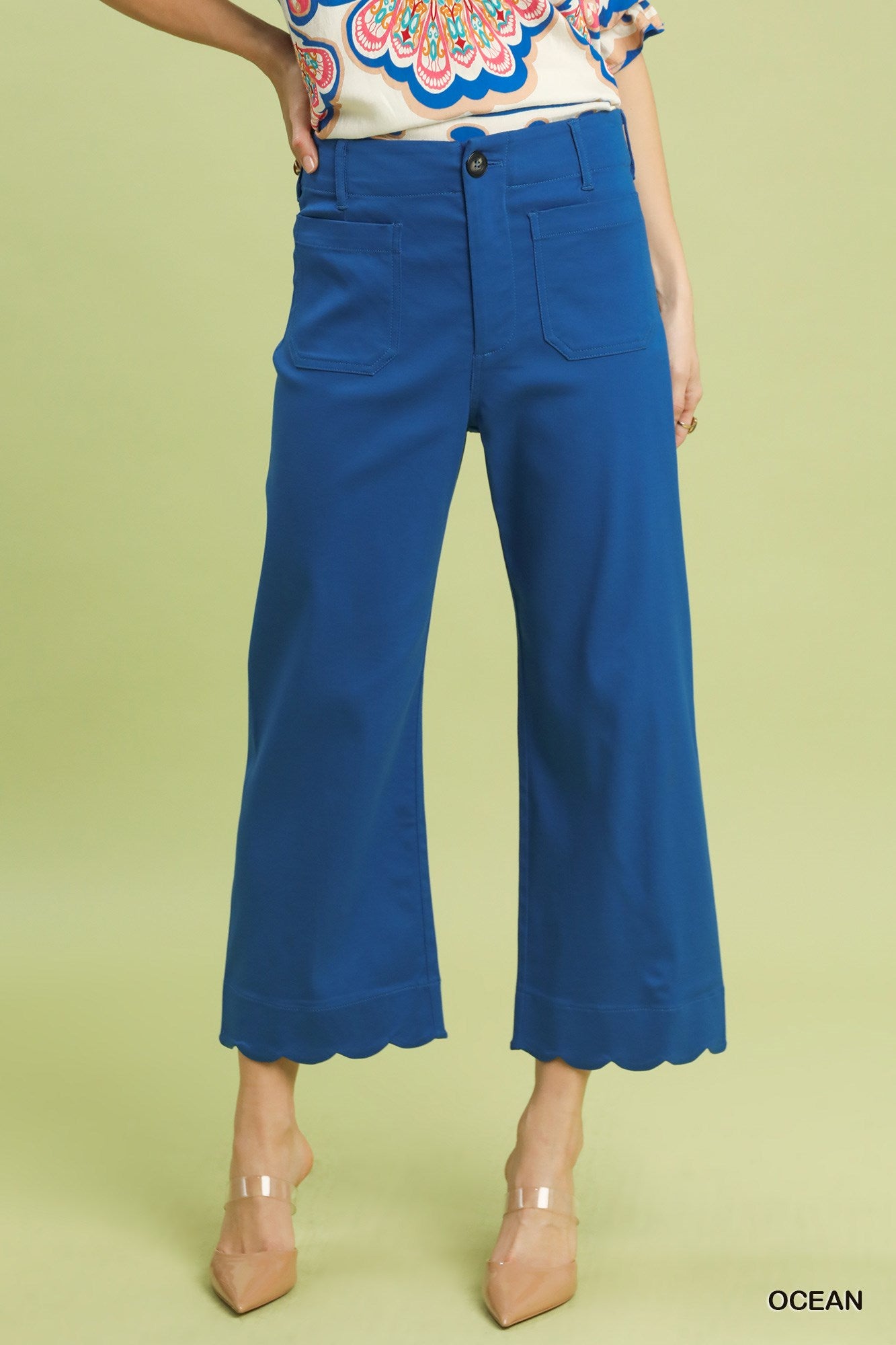 Umgee Scallop Hem Wide Leg Pants In Ocean  *COMING SOON*