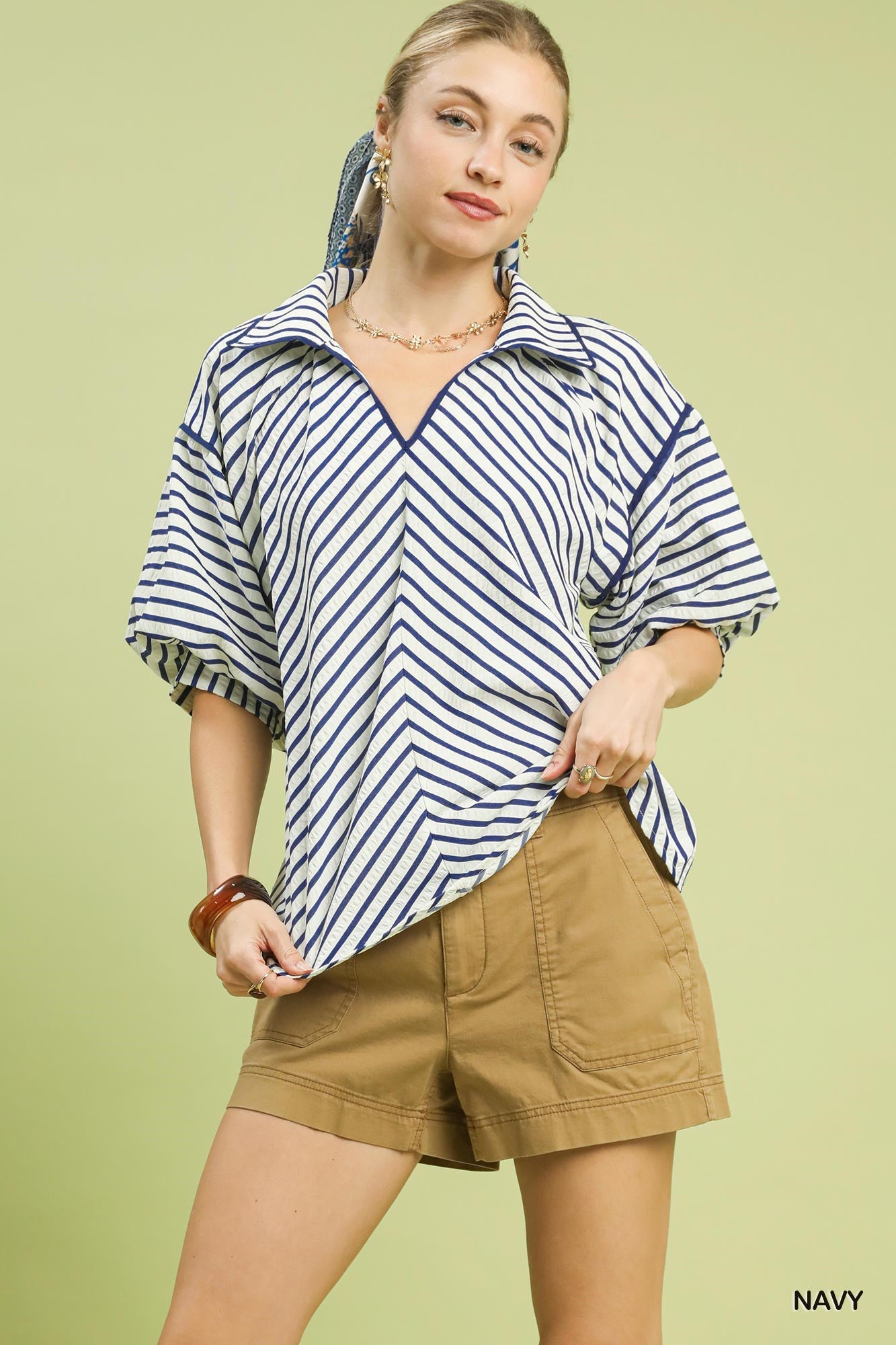 Umgee Chevron Striped Collared Top In Navy *COMING SOON*