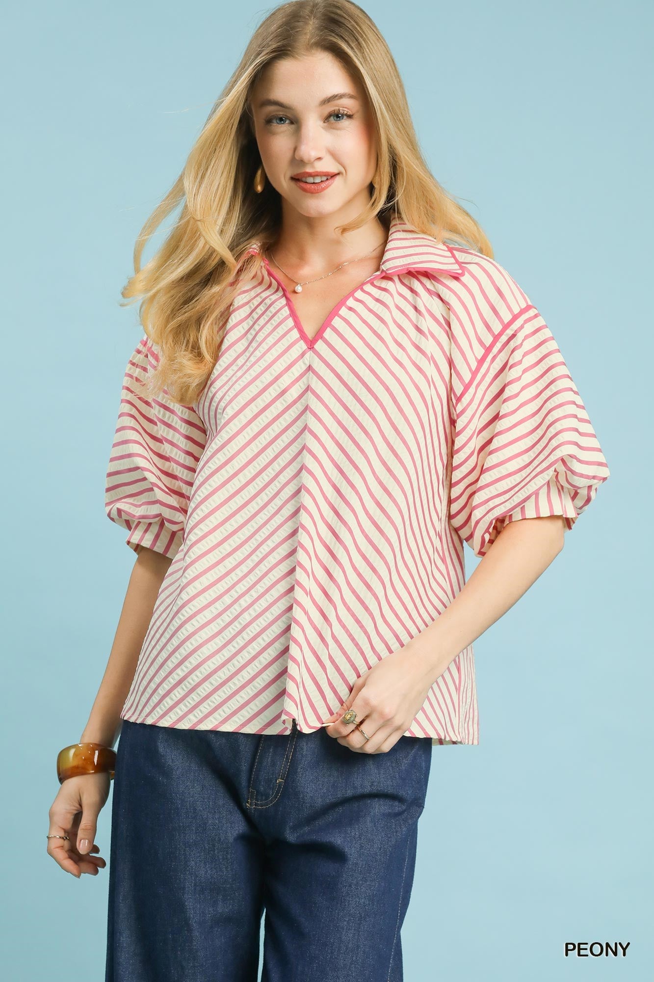 Umgee Chevron Striped Collared Top In Peony *COMING SOON*
