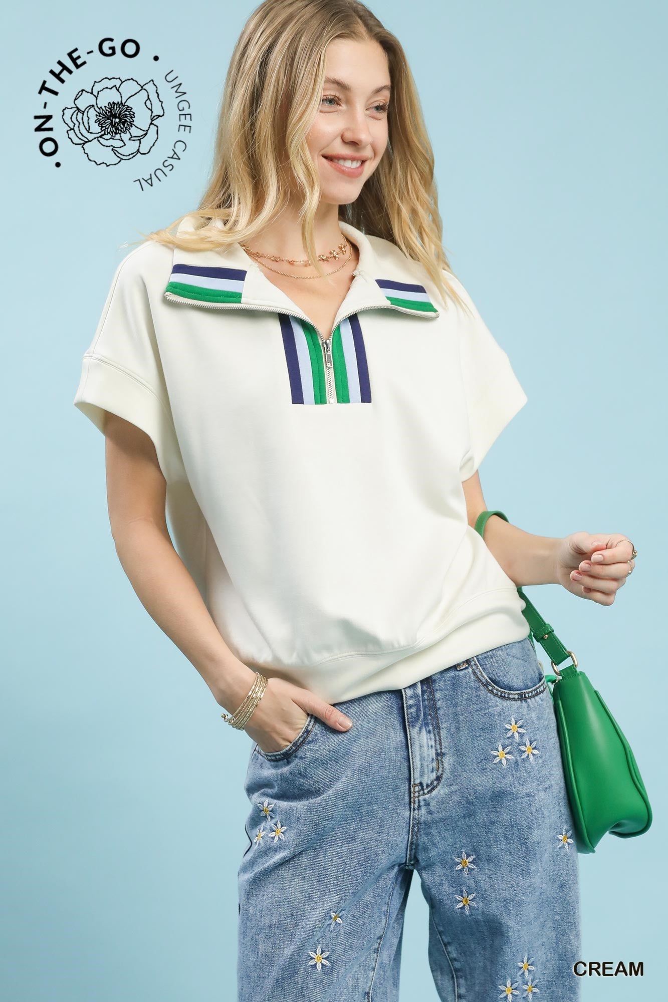 Umgee Half Zip Luxe Knit Contrast Trim Top In Cream