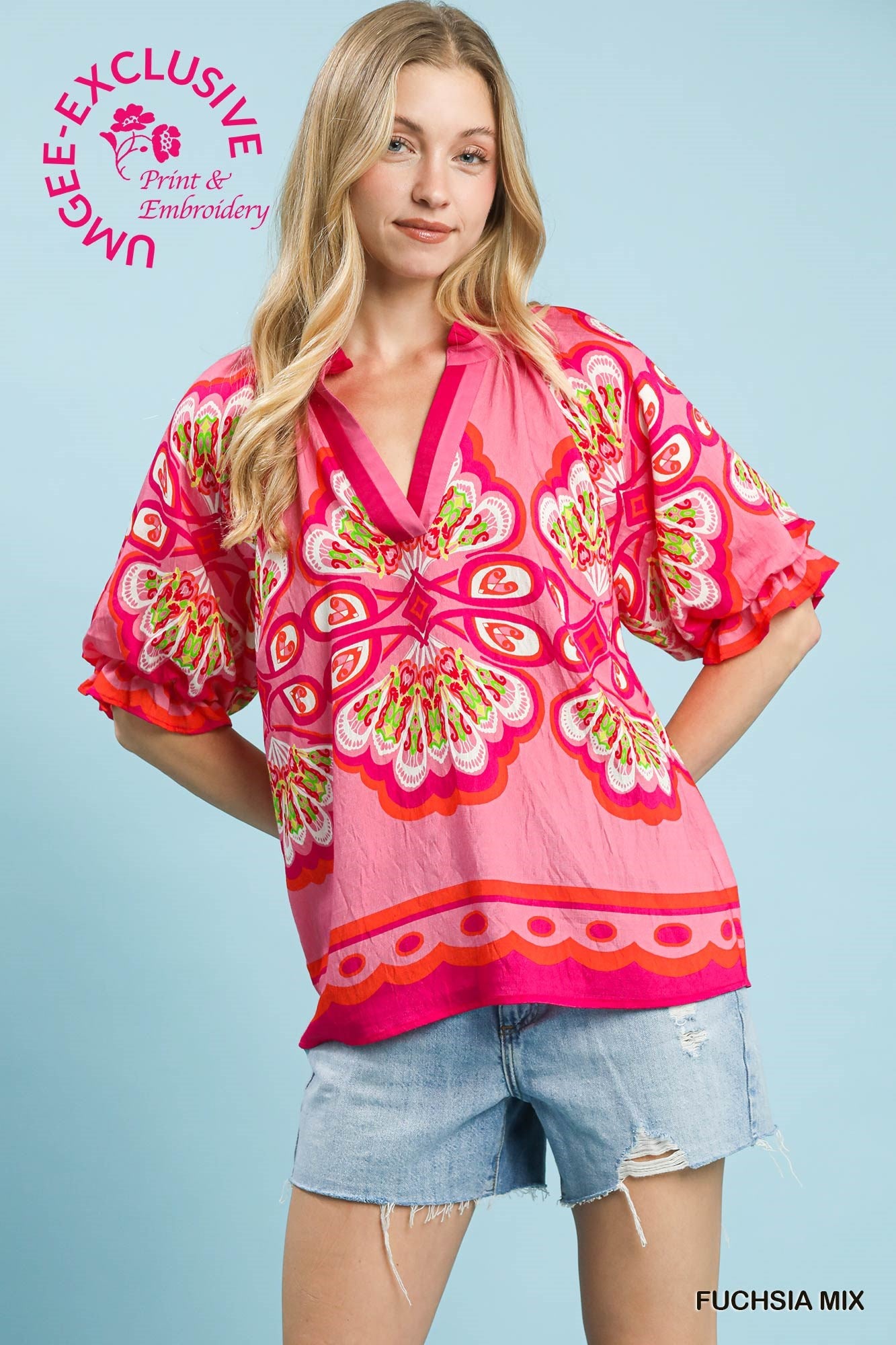 Umgee Mixed Boho Print V Neck Top In Fuchsia Mix