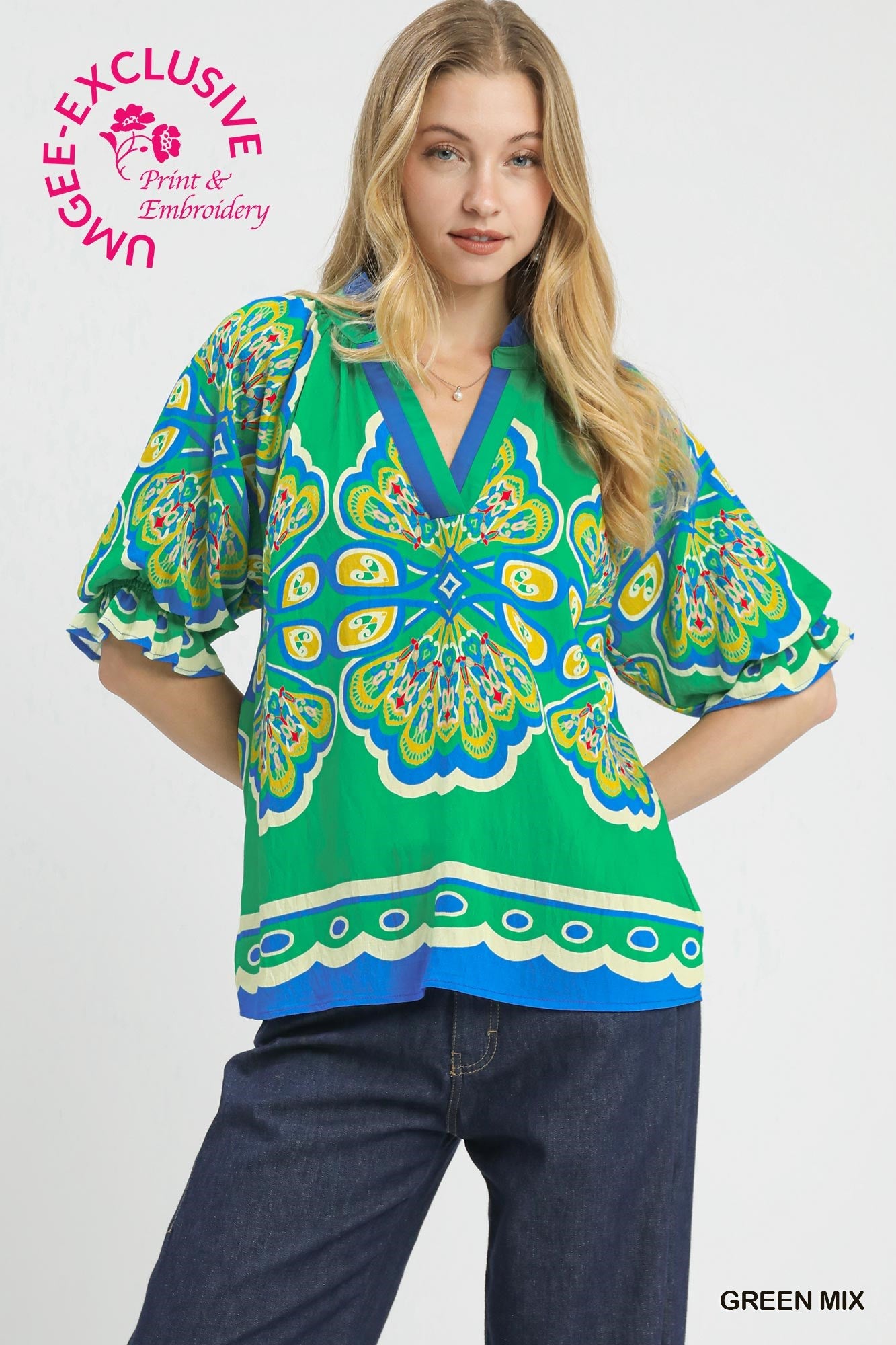 Umgee Mixed Boho Print V Neck Top In Green Mix