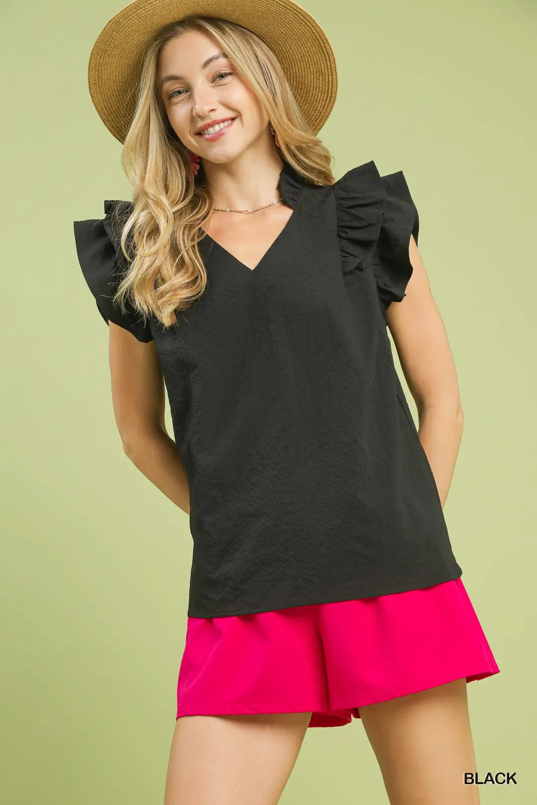 UMGEE Textured Ruffle Sleeve V Neck Top In Black