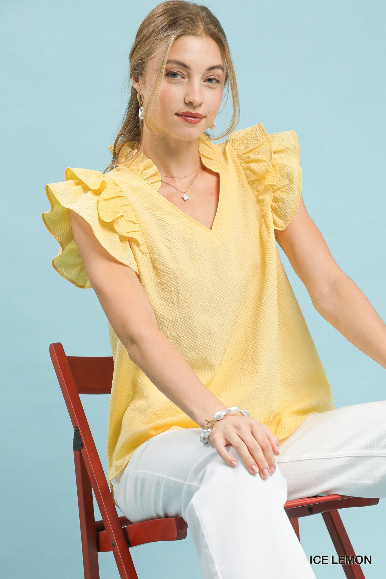 Umgee Textured Ruffle Sleeve V Neck Top In Ice Lemon