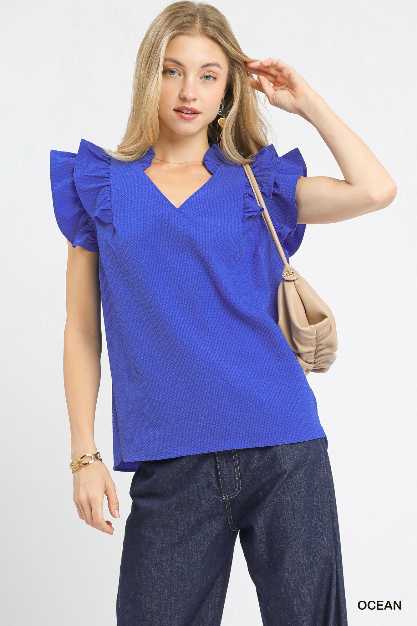 Umgee Textured Ruffle Sleeve V Neck Top In Ocean