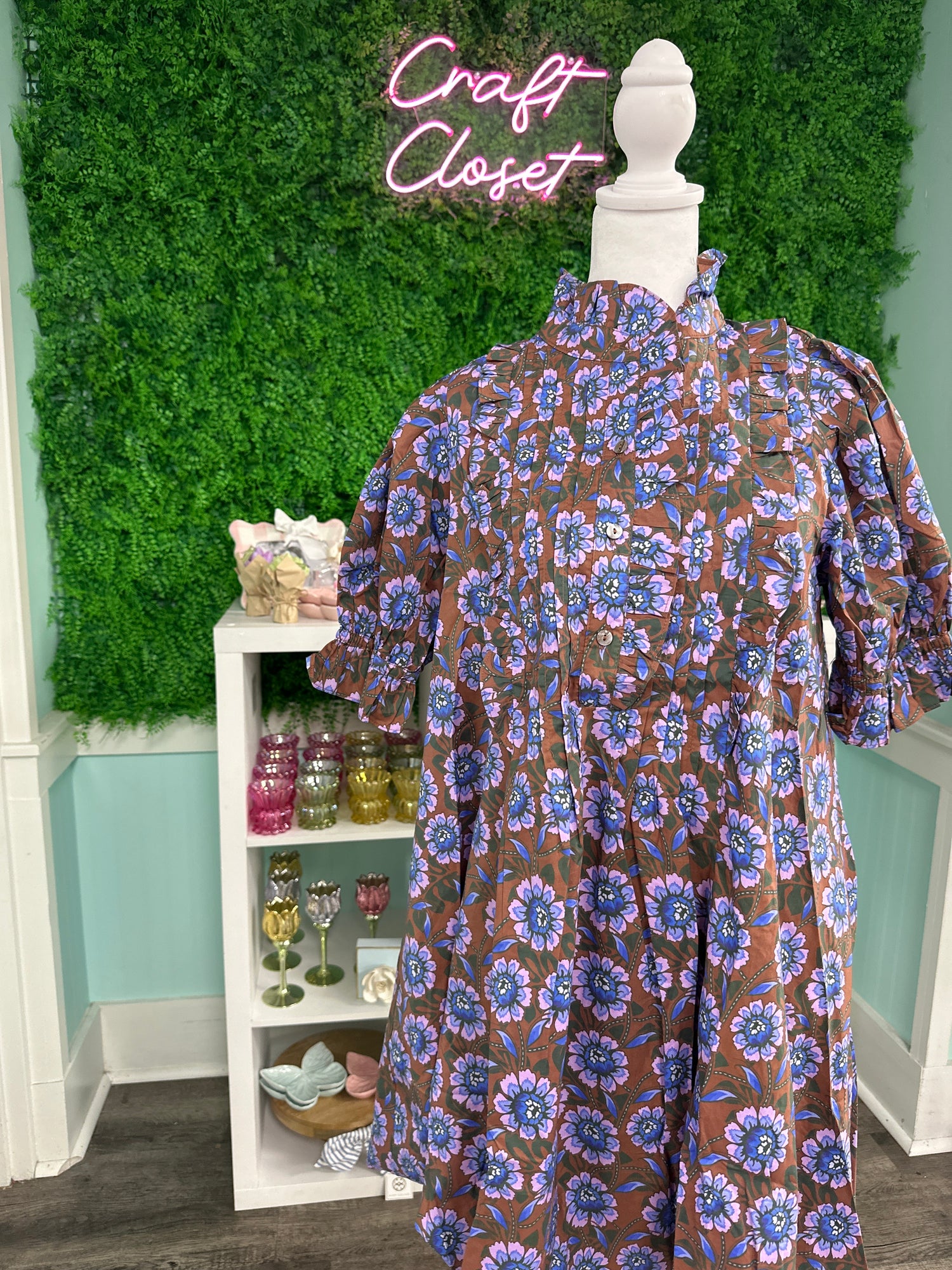 ENTRO Floral Print Ruffle Neck Puff Sleeve Mini Dress In Brown