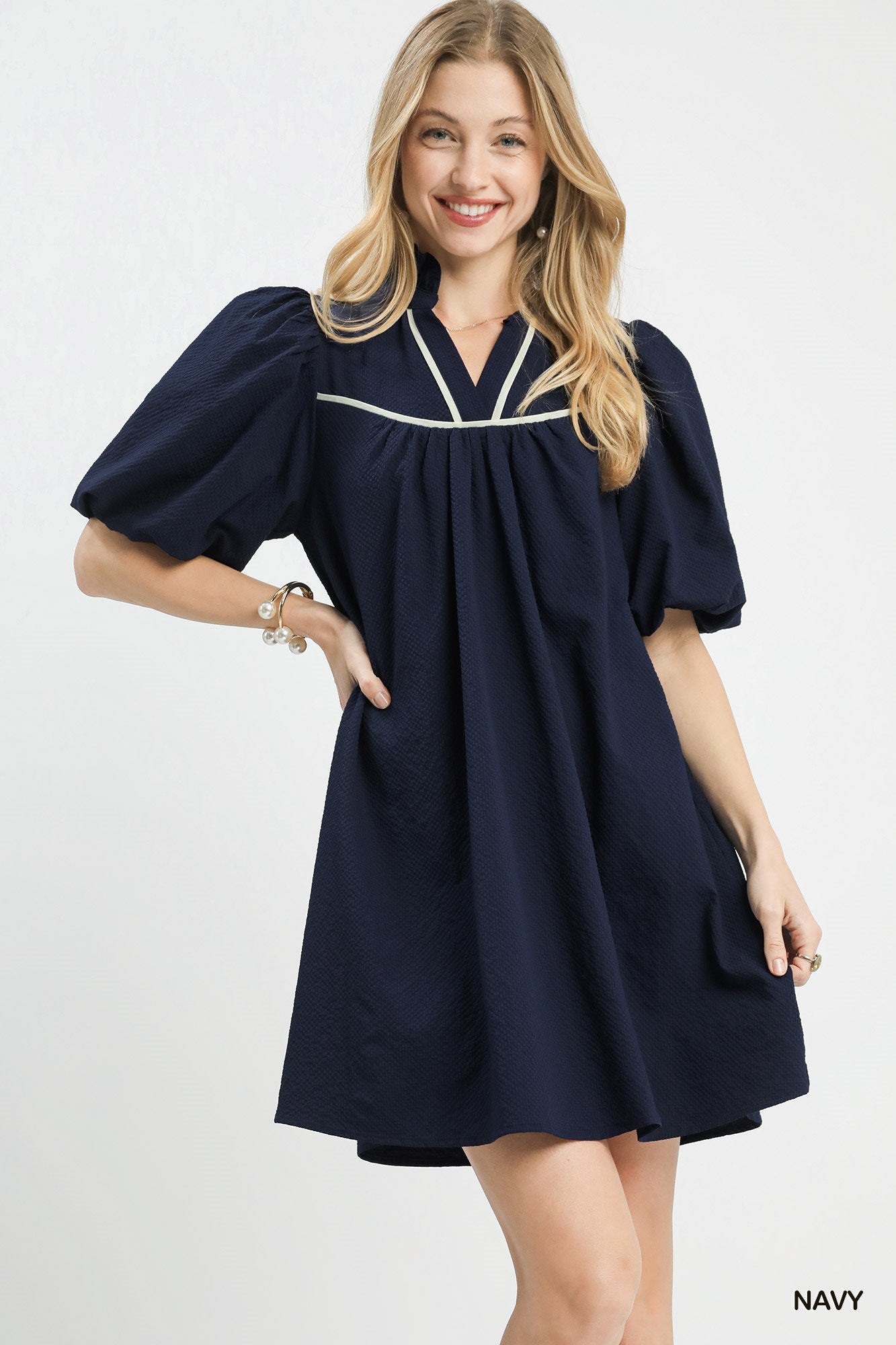 Umgee Seersucker Puff Sleeve Dress In Navy