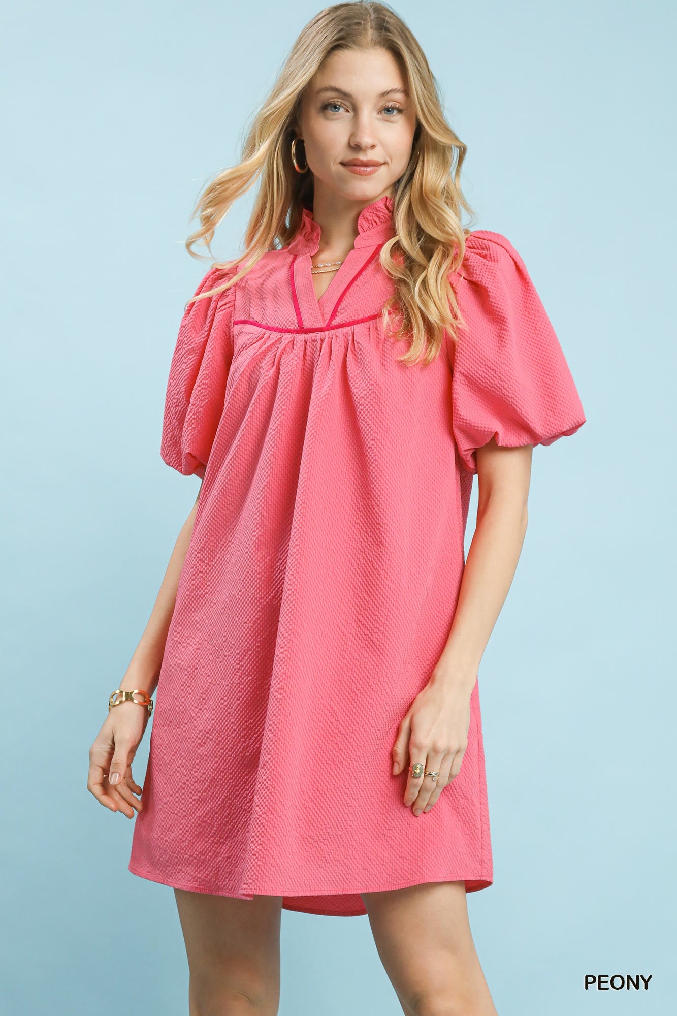 Umgee Seersucker Puff Sleeve Dress In Peony
