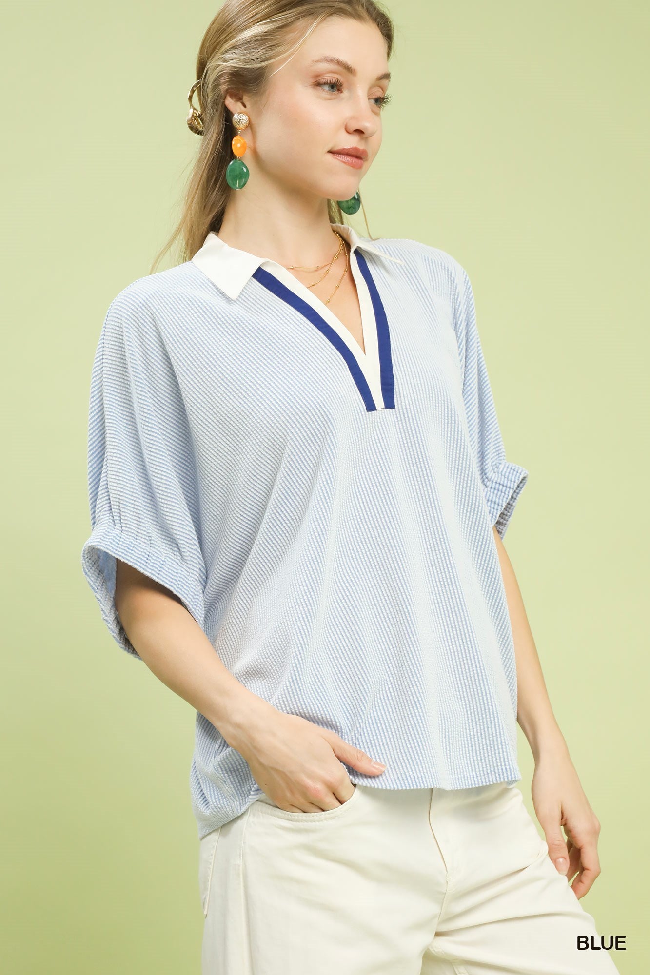 Umgee Contrast Collar V Neck Top In Blue