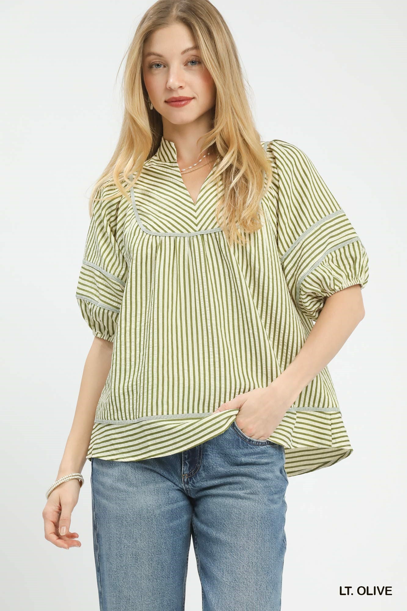 Umgee Striped Puff Sleeve Babydoll Top In Light Olive