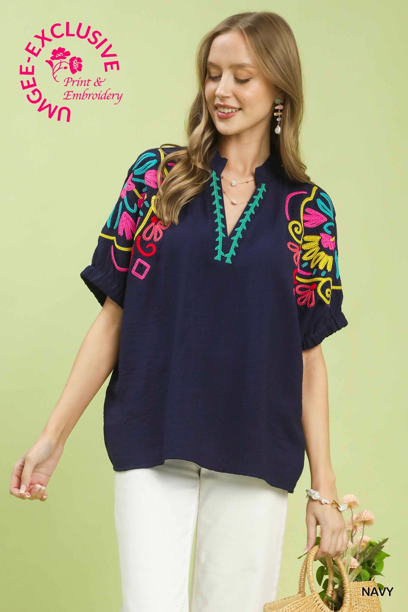 UMGEE Multi Colored Embroidered V Neck Top In Navy