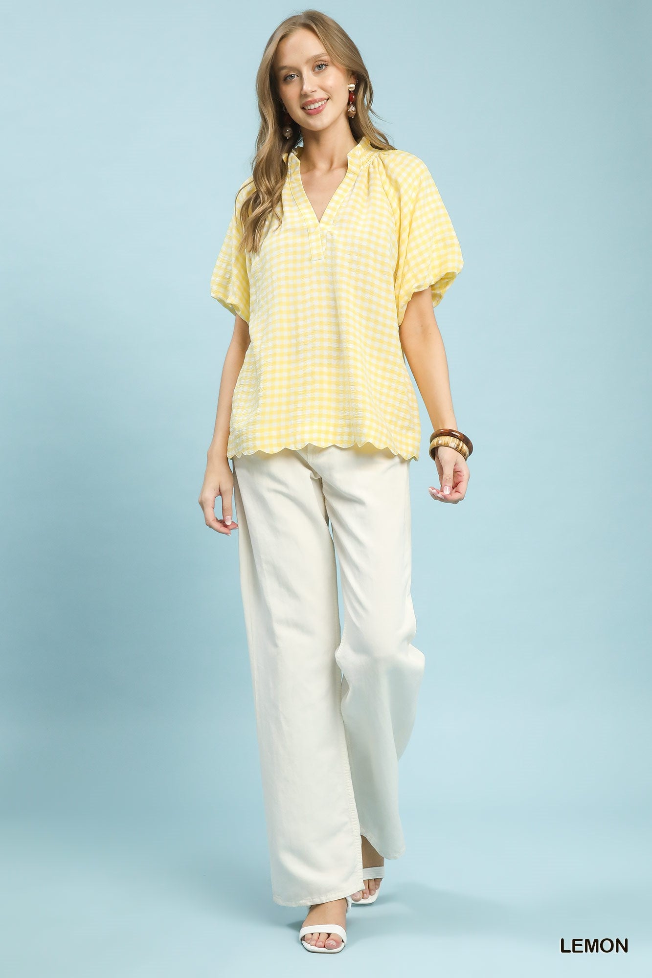 UMGEE Gingham Bubble Sleeve V Neck Top In Lemon