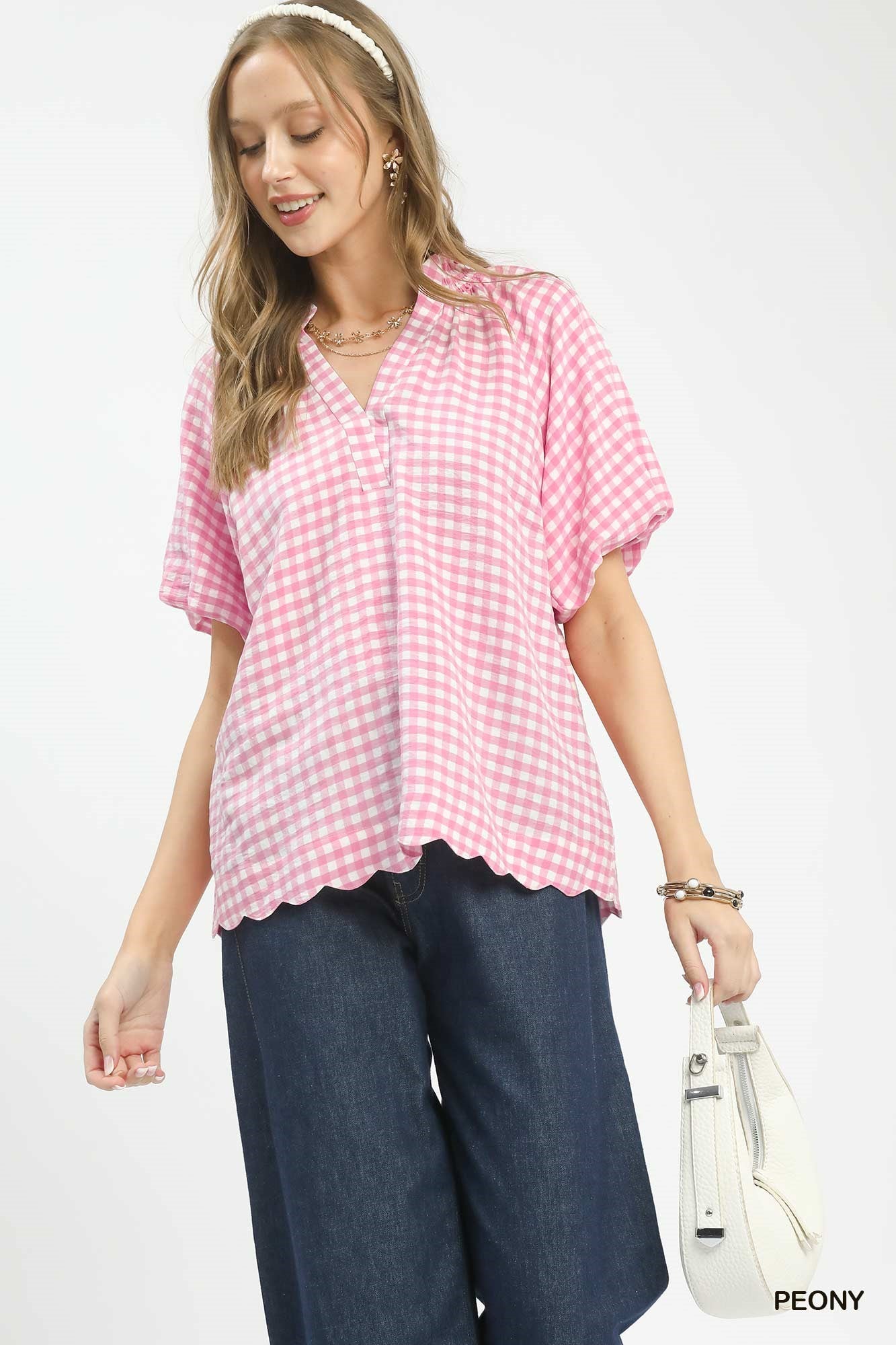 UMGEE Gingham Bubble Sleeve V Neck Top In Peony