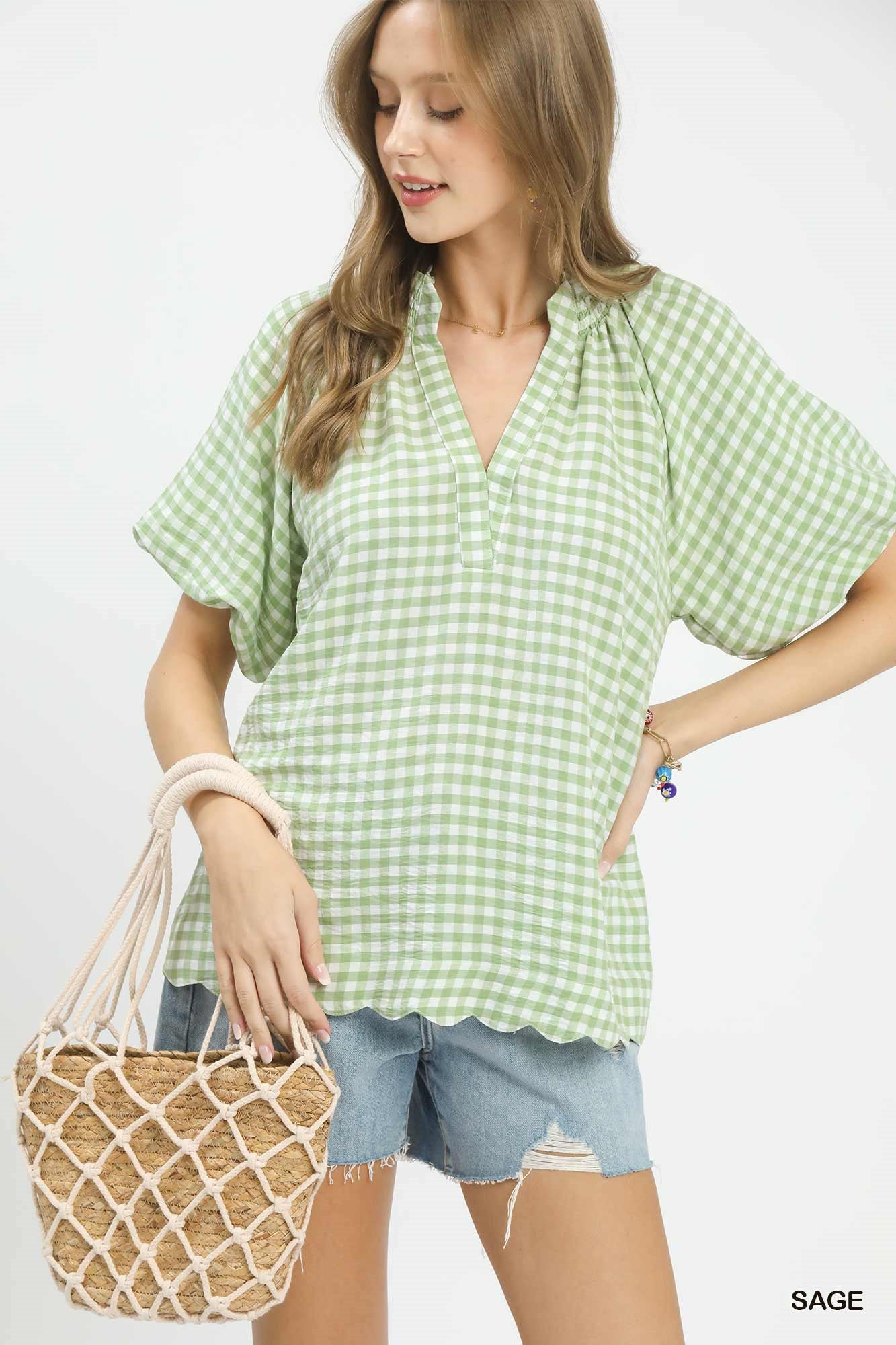 UMGEE Gingham Bubble Sleeve V Neck Top In Sage