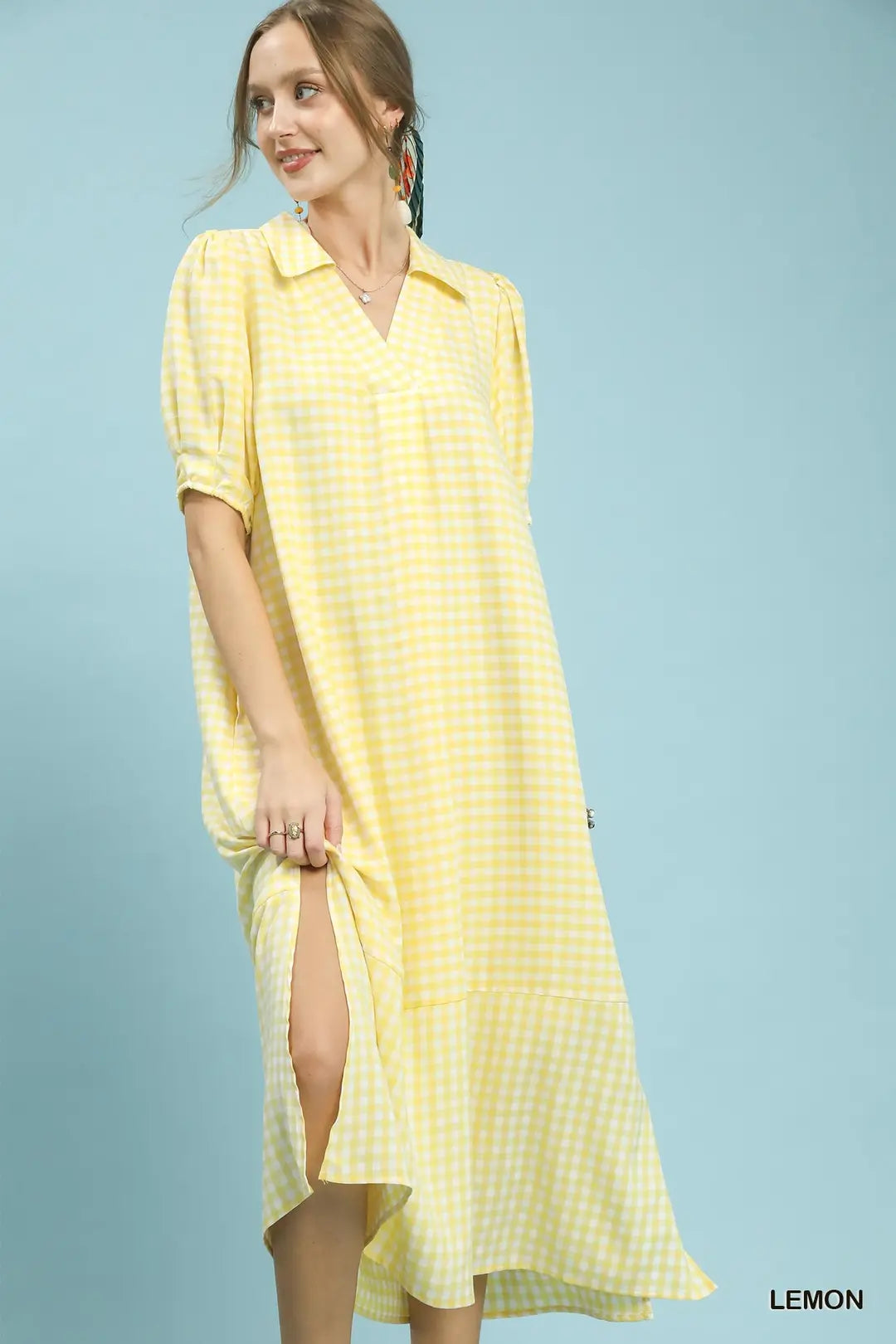 UMGEE Gingham Midi Dress In Lemon