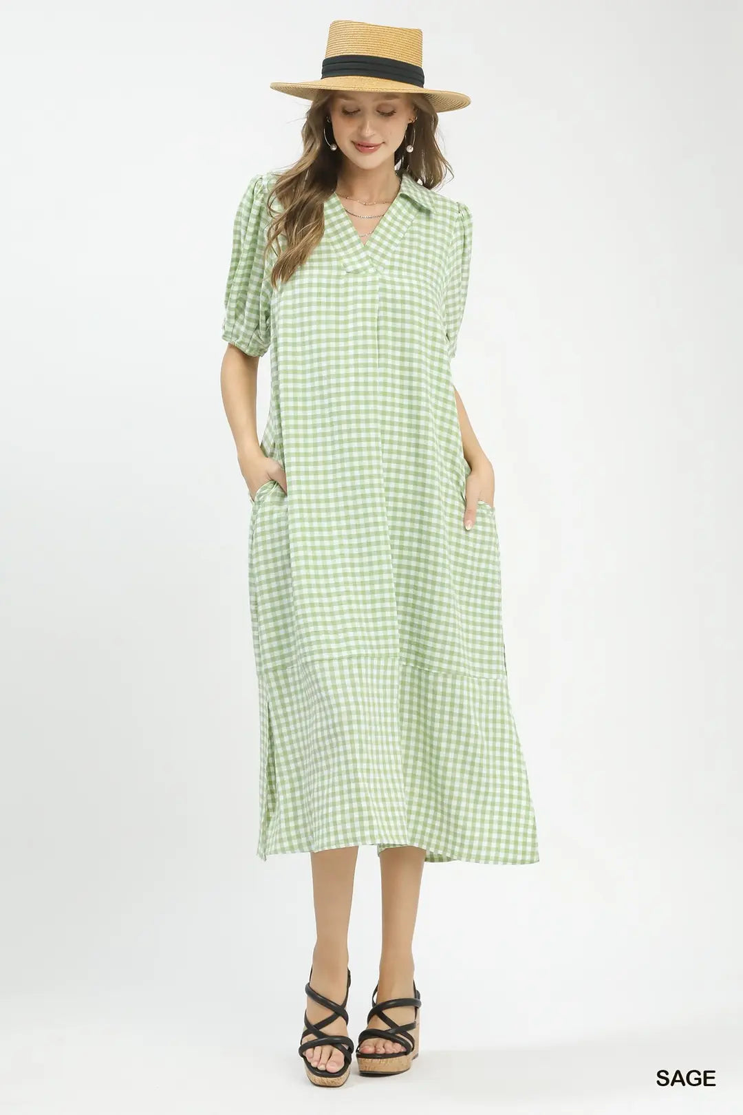 UMGEE Gingham Midi Dress In Sage