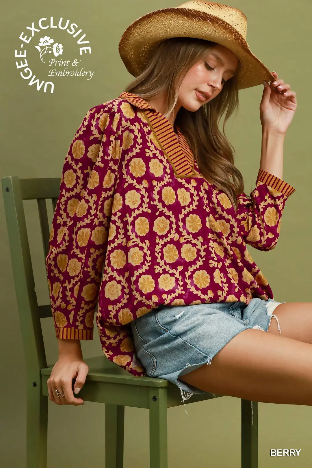 UMGEE Floral Print Contrast Trim Top In Berry