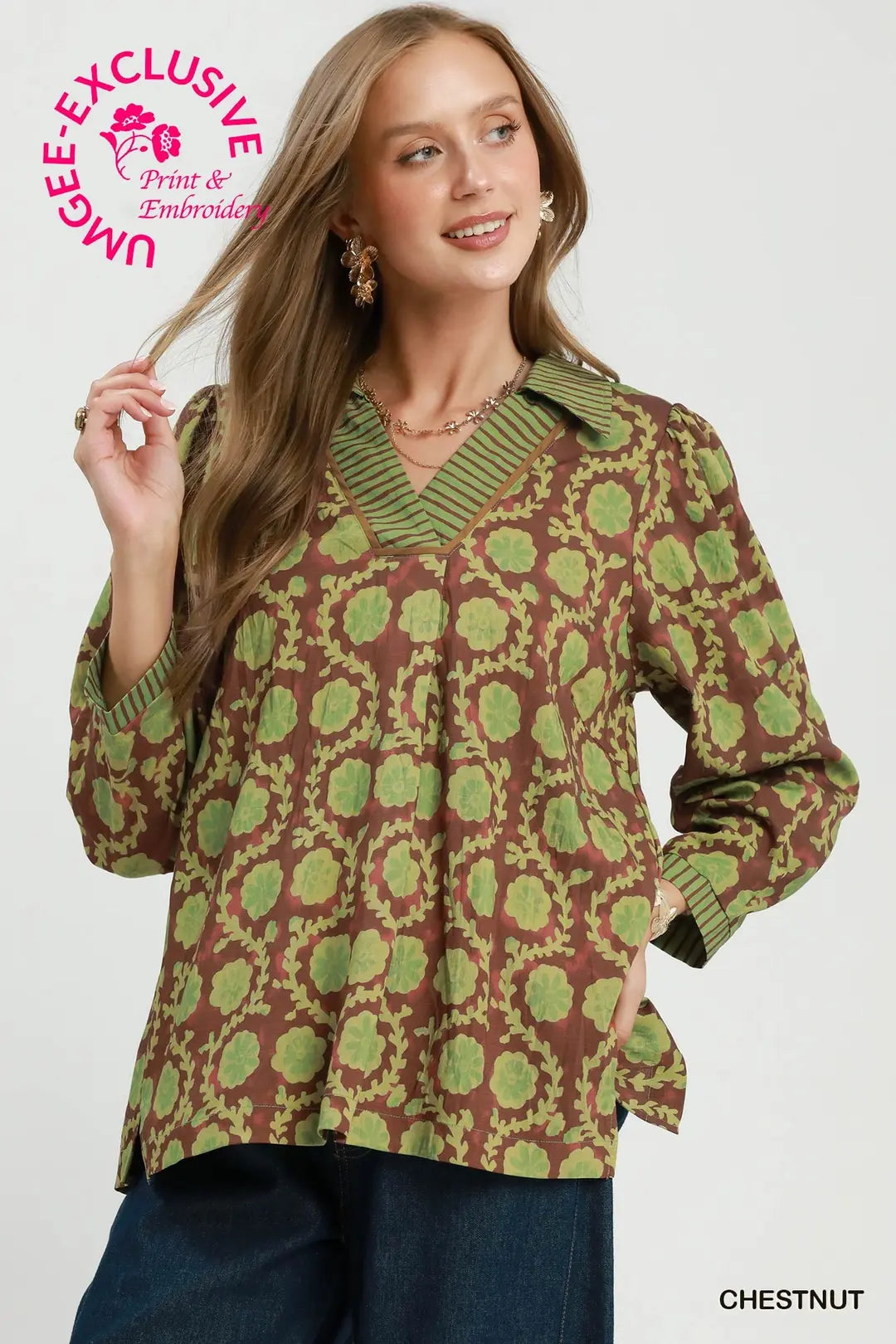 UMGEE Floral Print Contrast Trim Top In Chestnut