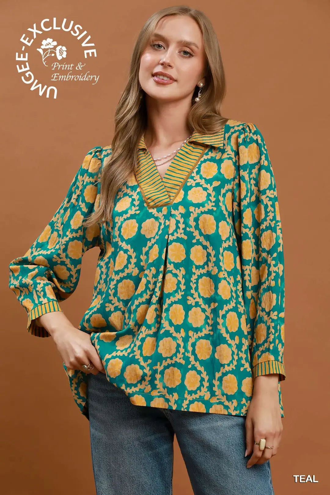 UMGEE Floral Print Contrast Trim Top In Teal