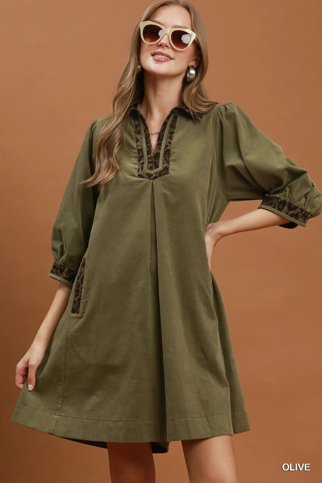 UMGEE V Neck Shift Dress With Leopard Contrast Trim in Olive