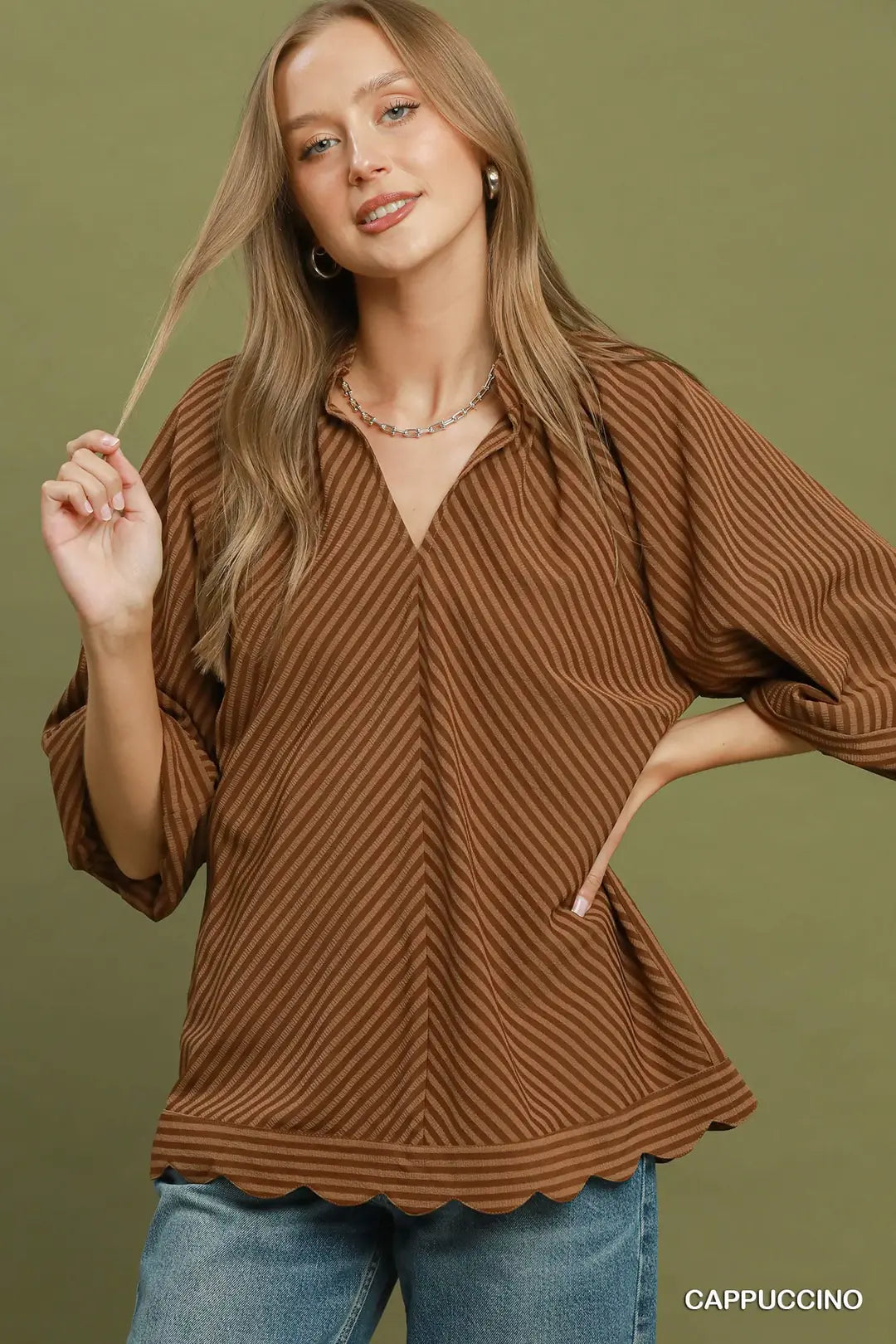 UMGEE Striped Seersucker V Neck Top In Cappuccino