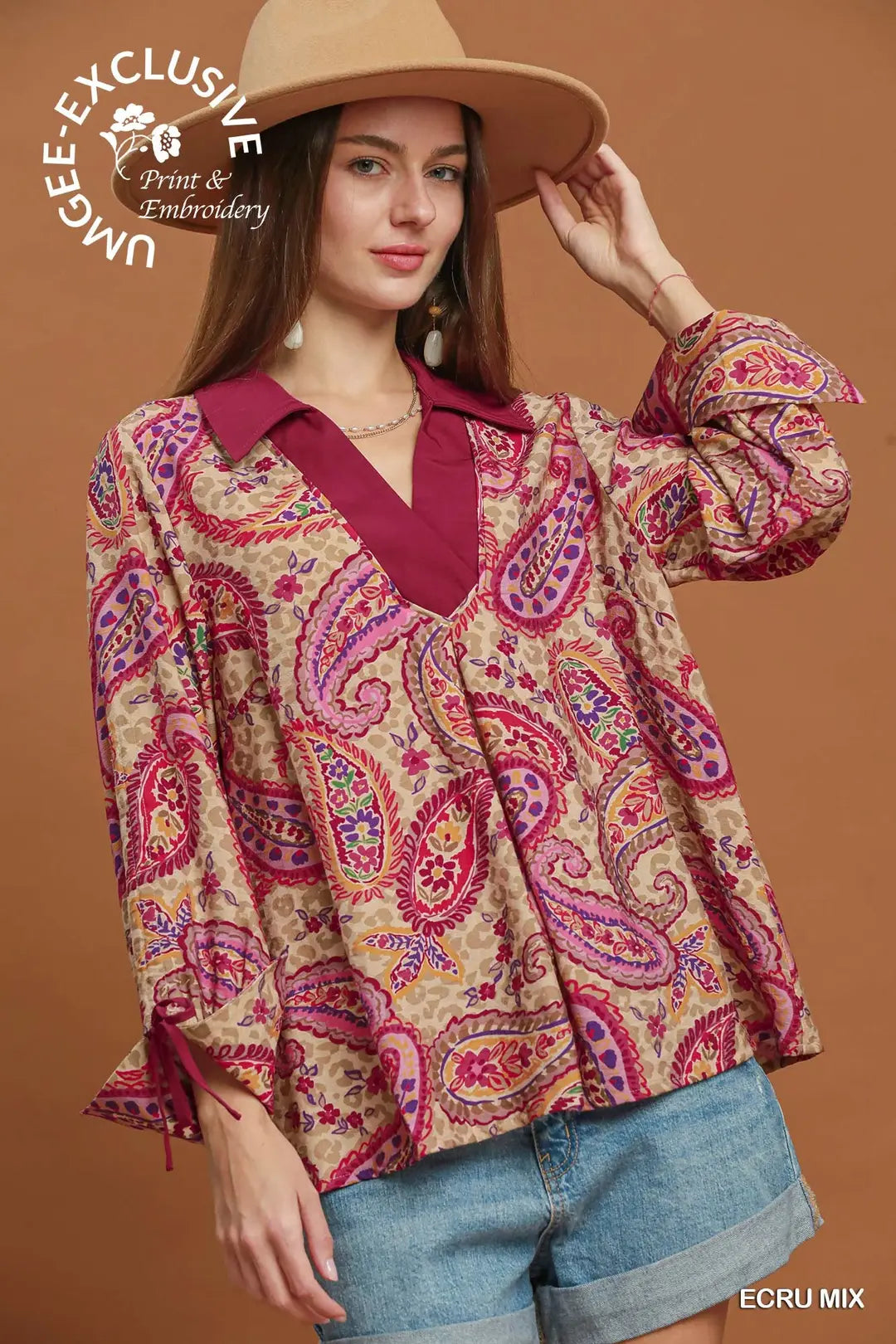 UMGEE Mixed Paisley Print Bold Top In Ecru
