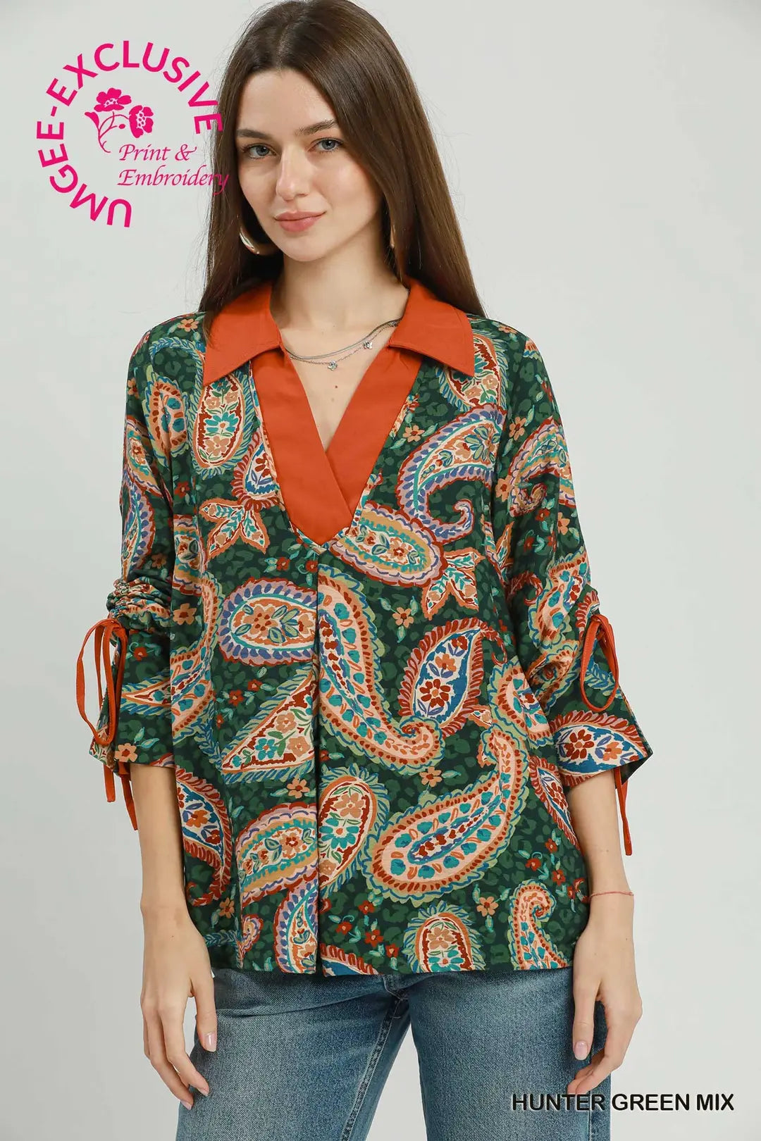 UMGEE Mixed Paisley Print Bold Top In Hunter Green