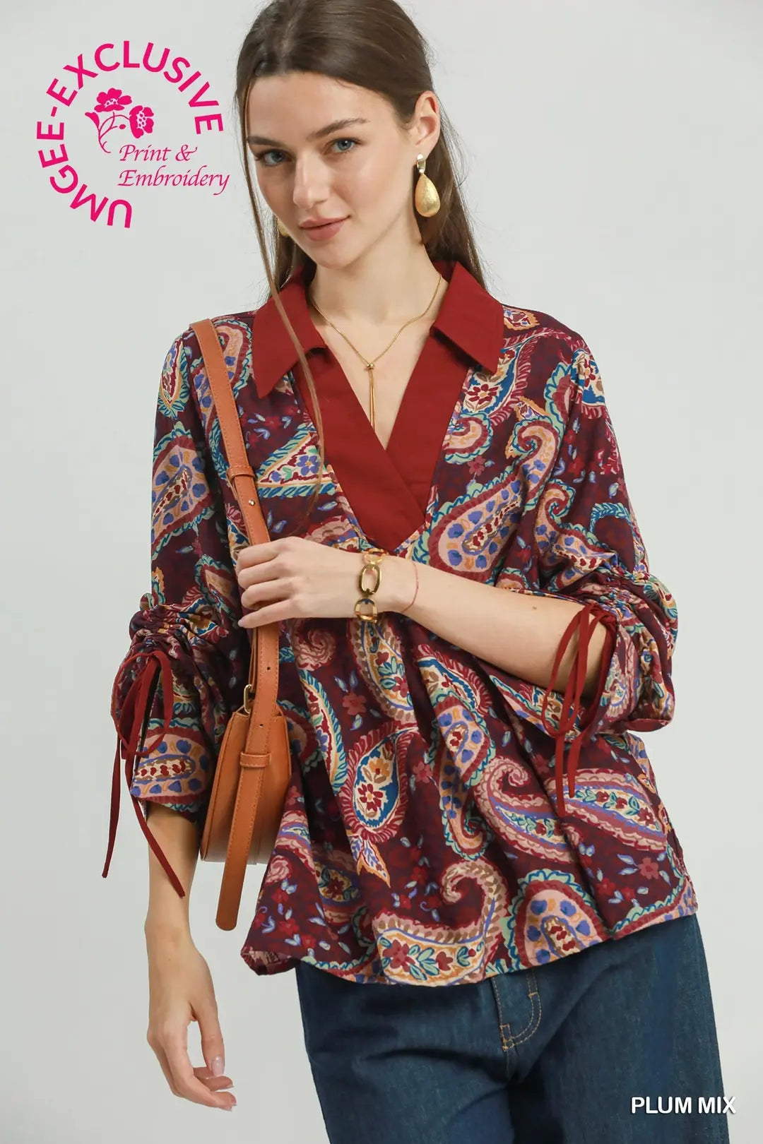 UMGEE Mixed Paisley Print Bold Top In Plum