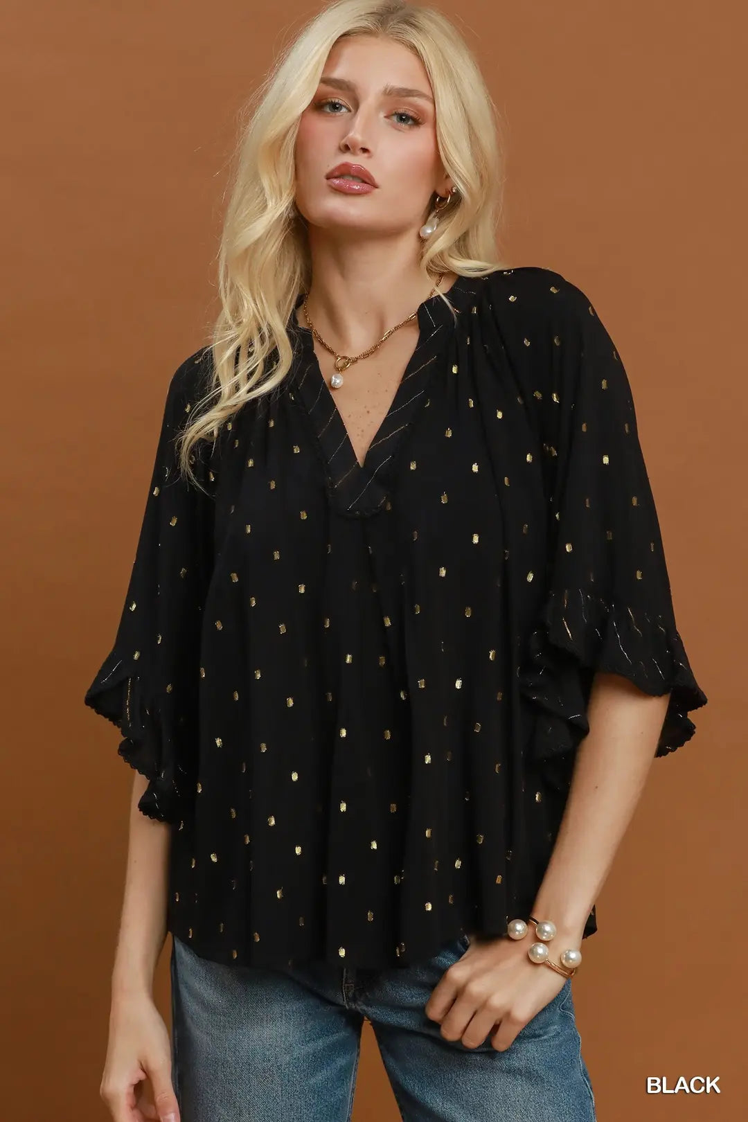 UMGEE V Neck Top With Dot Accents In Black