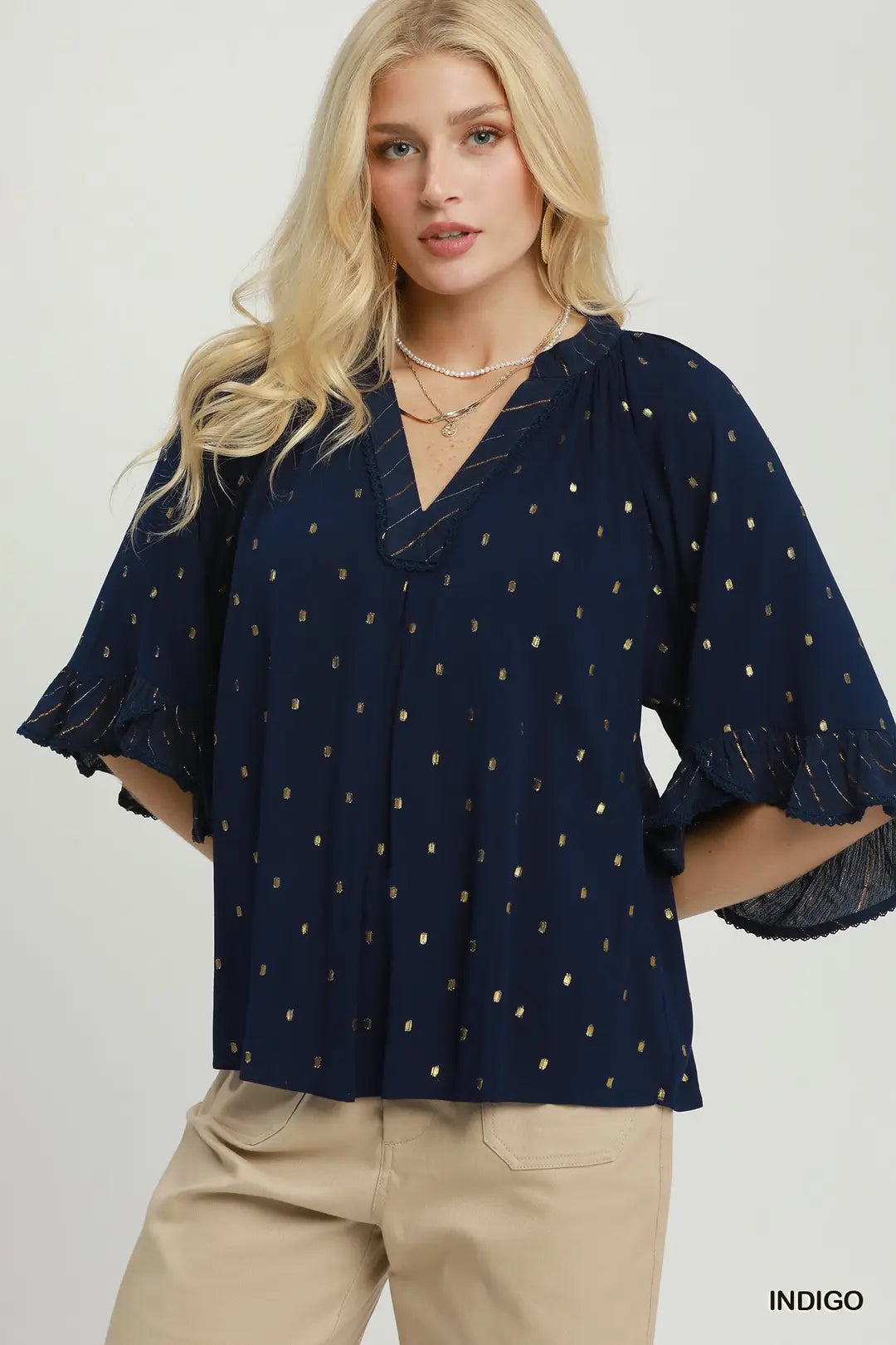 UMGEE V Neck Top With Dot Accents In Indigo