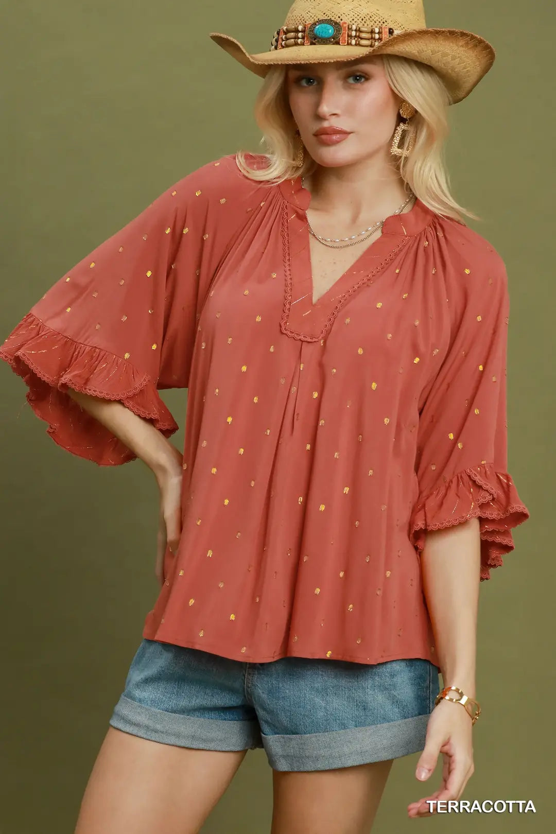 UMGEE V Neck Top With Dot Accents In Terracotta