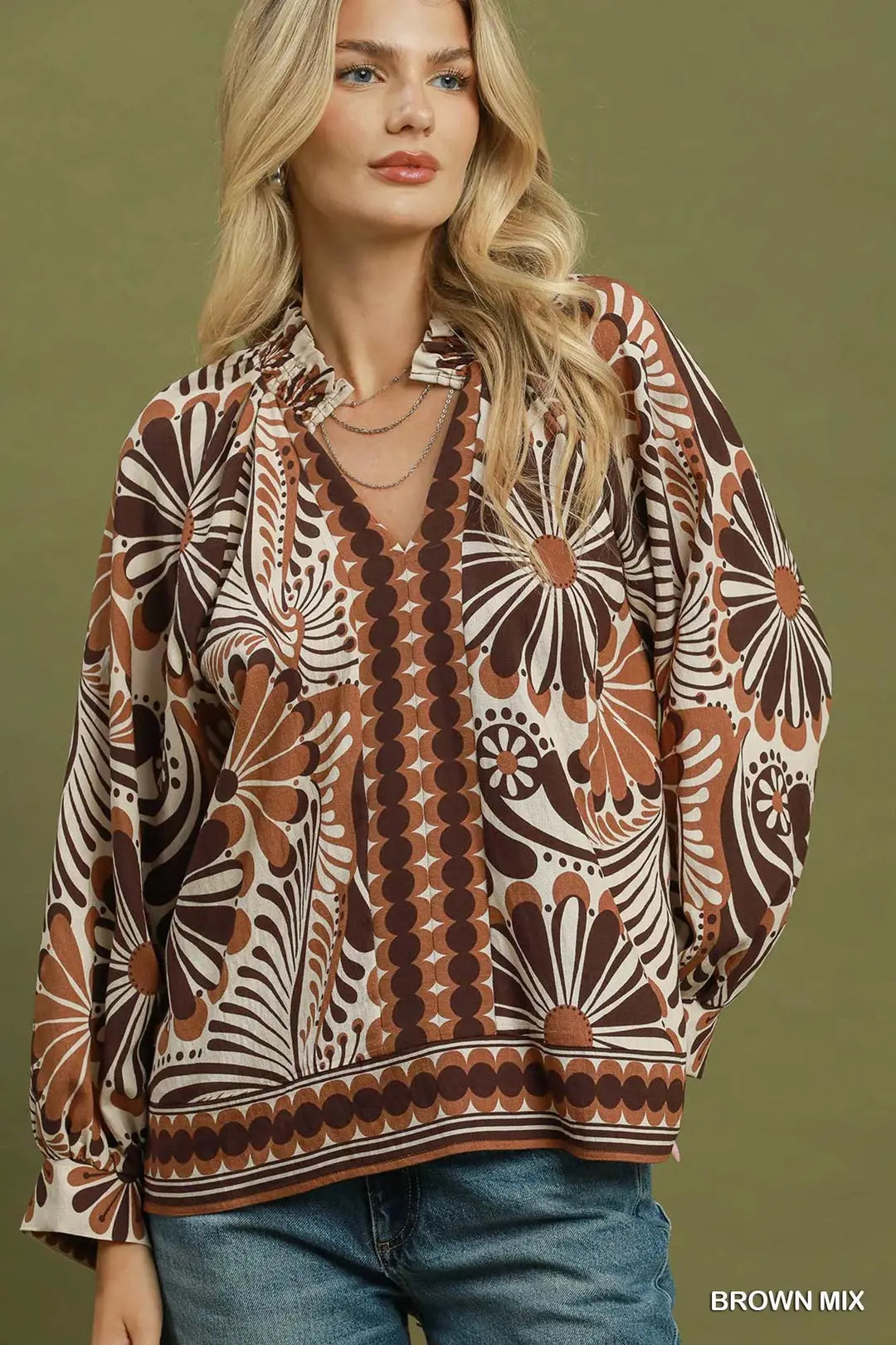 UMGEE Abstract Print V Neck Top In Brown