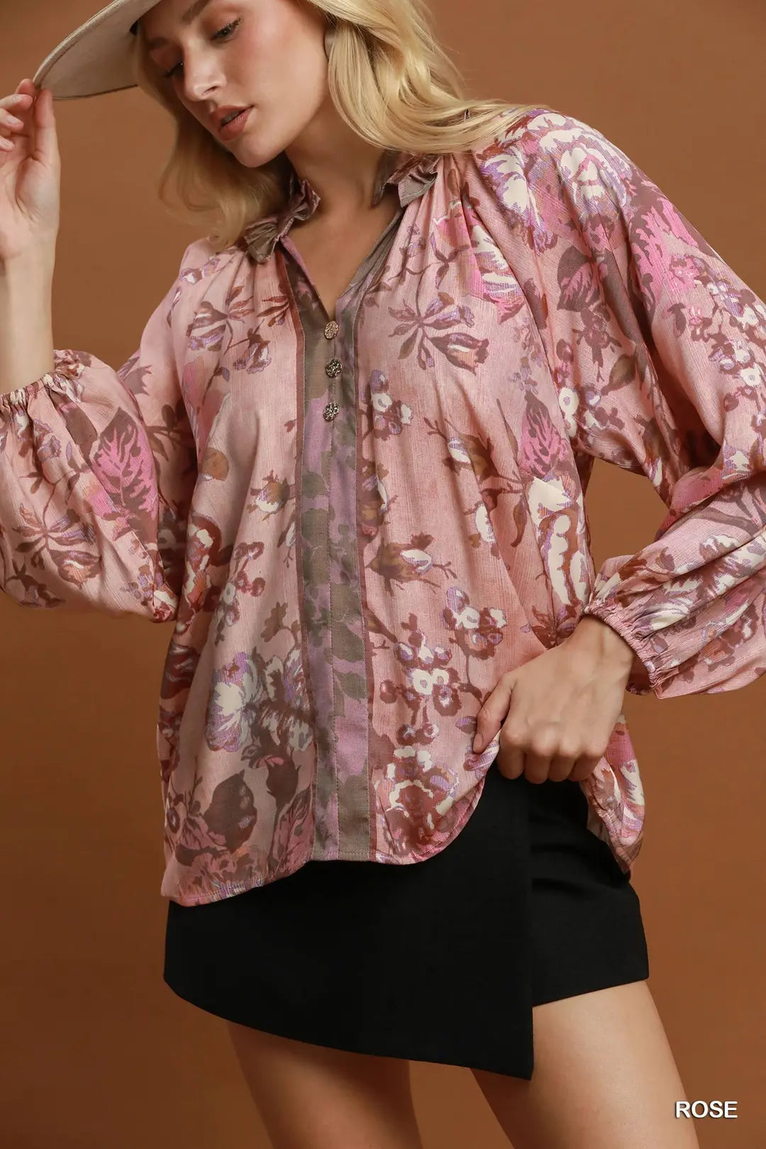 UMGEE Floral Balloon Sleeve Top In Rose *COMING SOON*