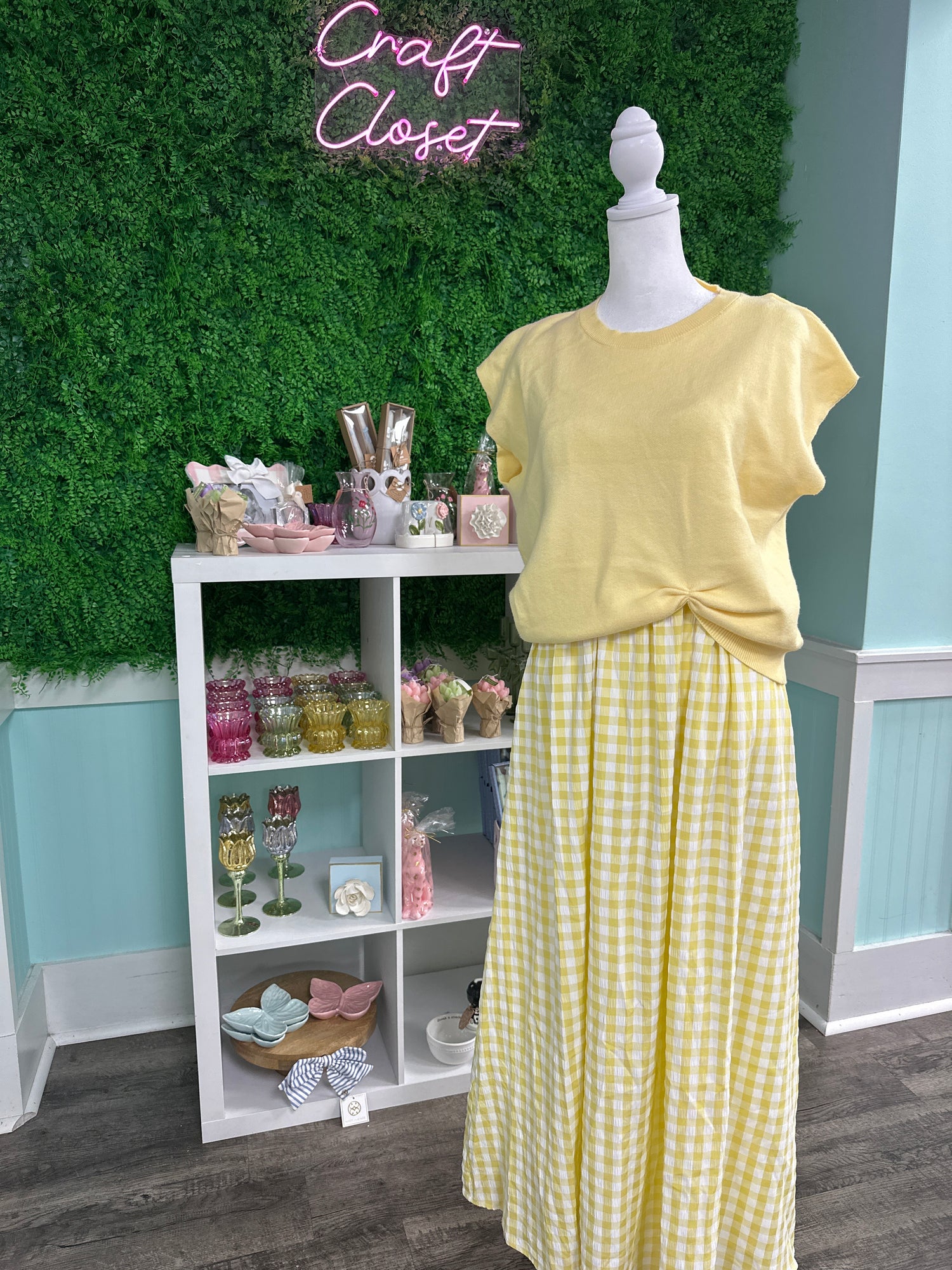 ENTRO Gingham Midi Dress With Removable Pullover In Lemon