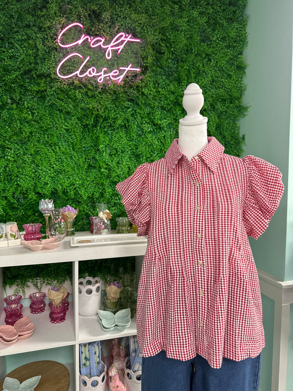 ENTRO Plaid Short Puff Flutter Sleeve Top In Red