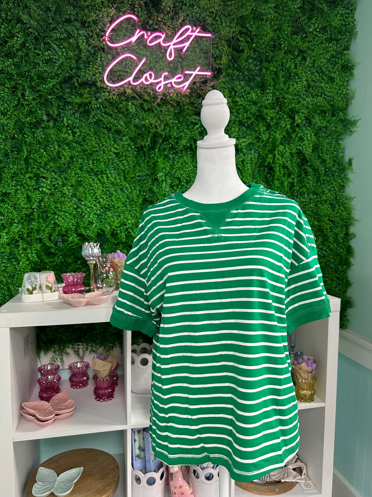 Barefoot Ladies Green Causal Striped Tee