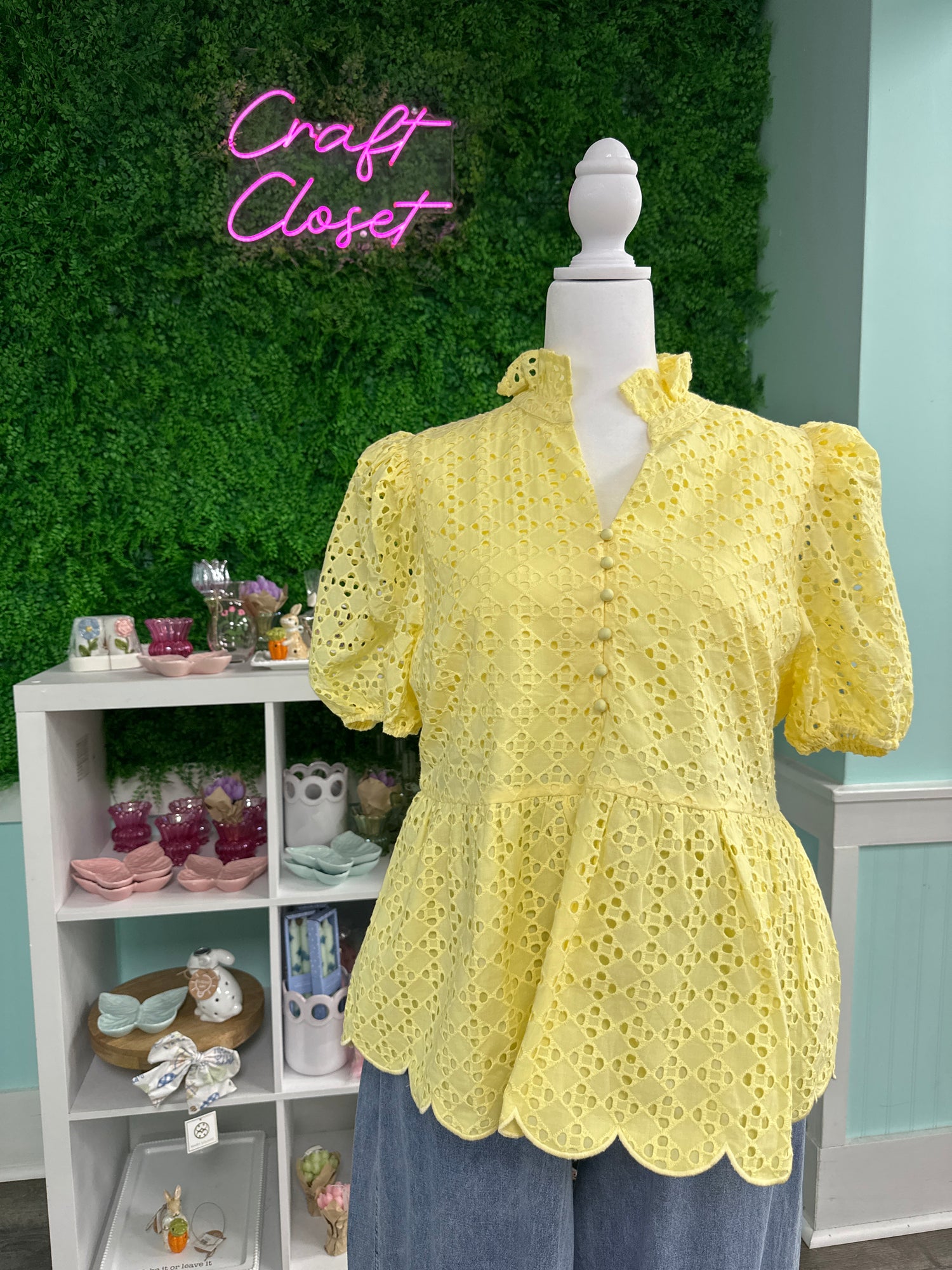 ENTRO Short Puff Sleeve Eyelet Top In Lemon PLUS Size