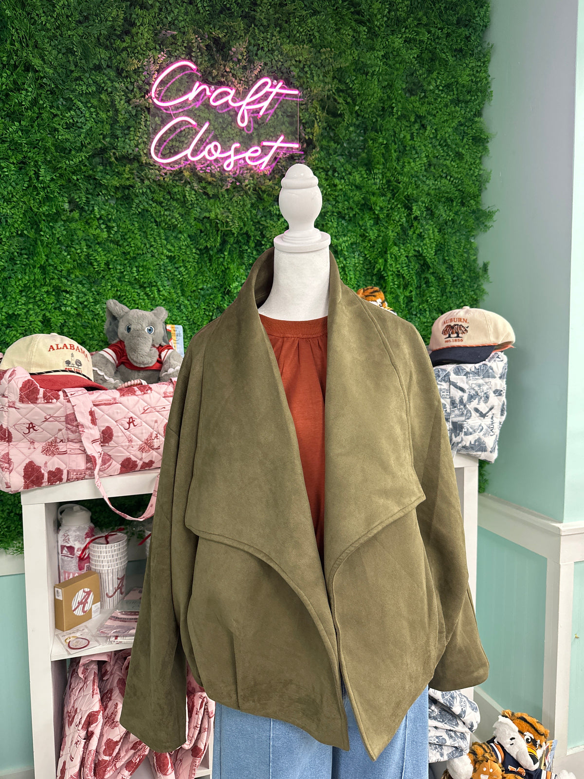ENTRO Faux Suede Jacket In Olive
