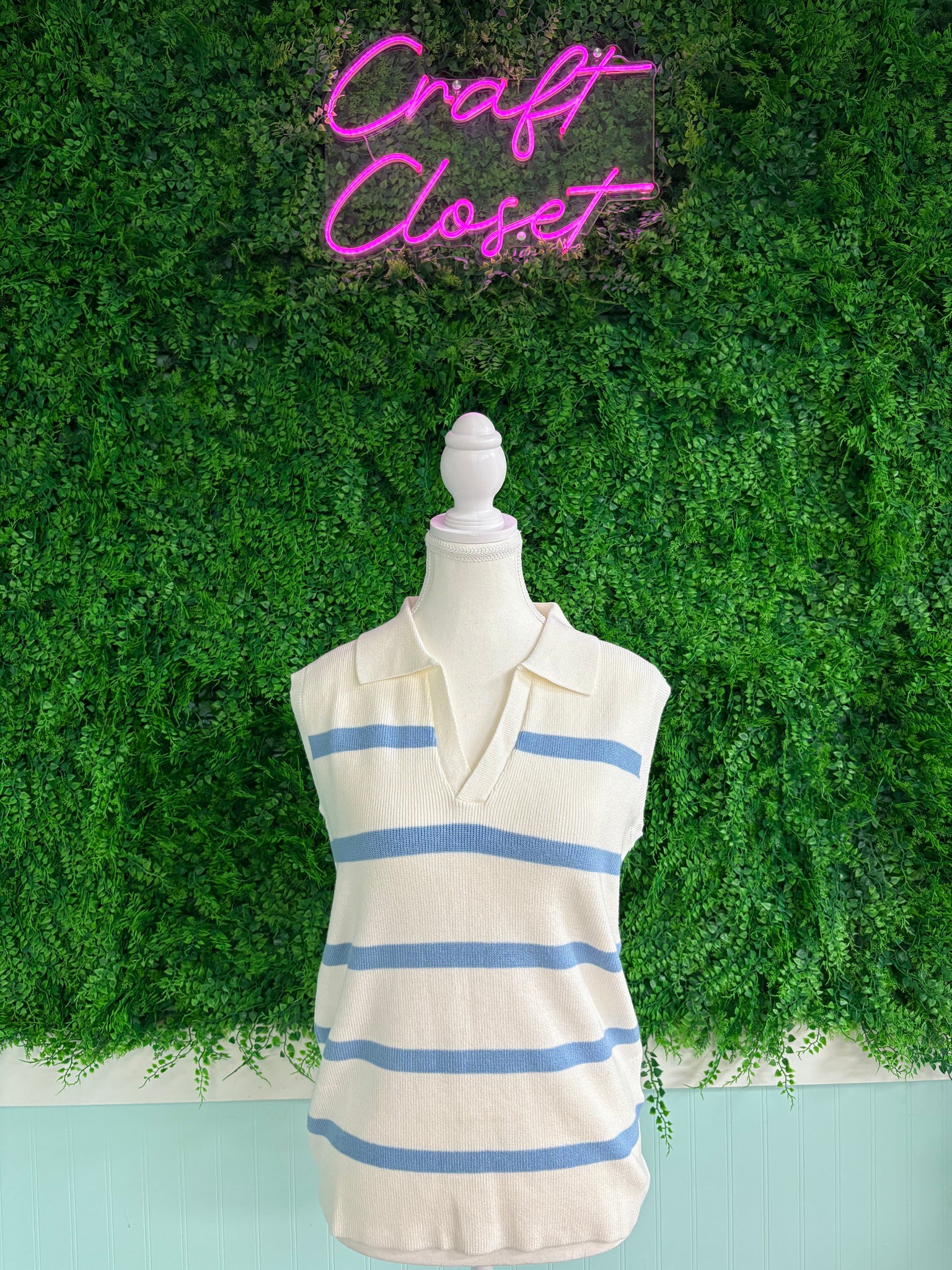 Barefoot Ladies #2055 Sky Blue Stripe Split V Neck Collared Ribbed Sweater